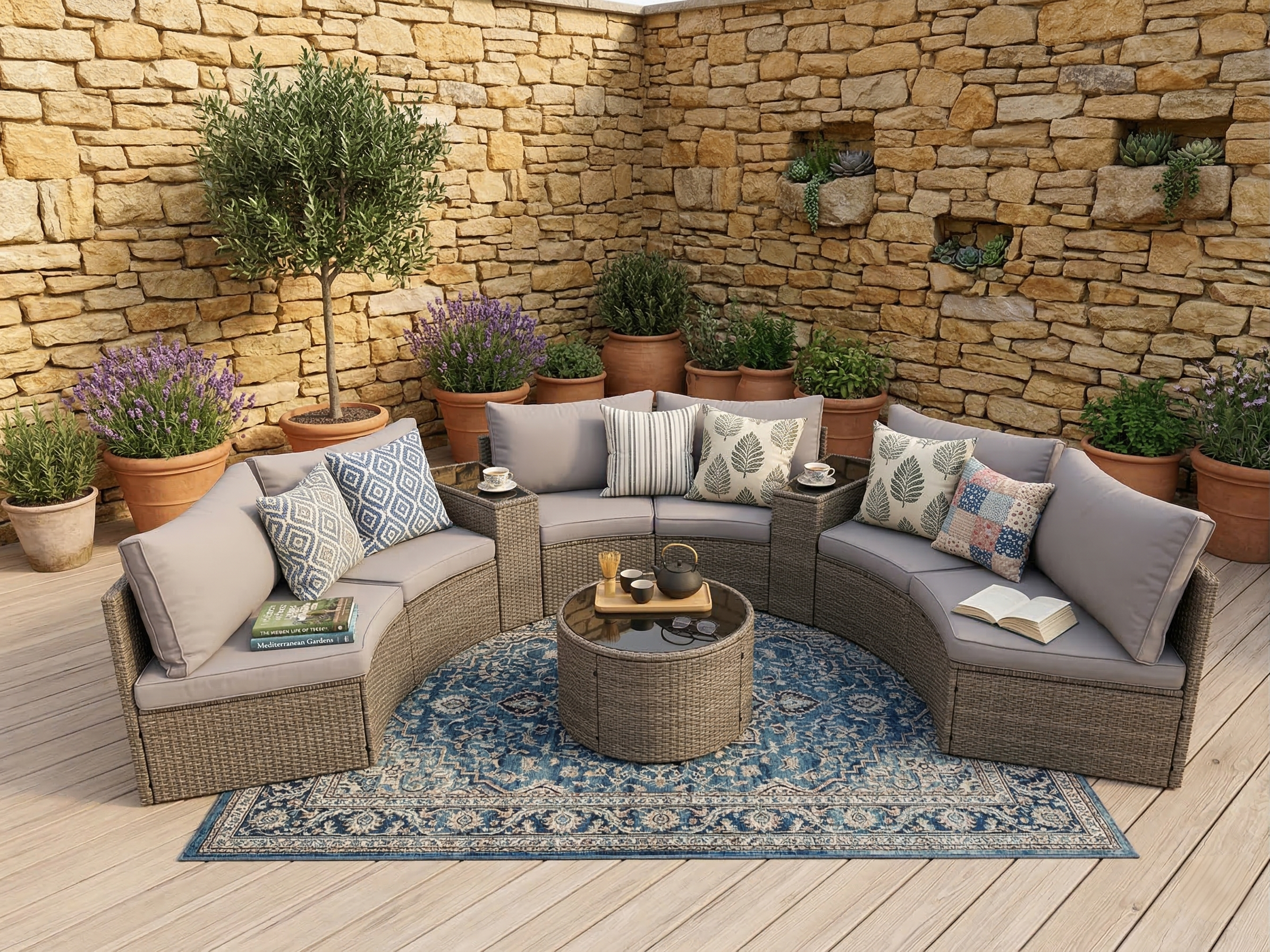 Outdoor Sectional Set PE Rattan Steel Light Gray Half Moon 9 Piece 380 LB
