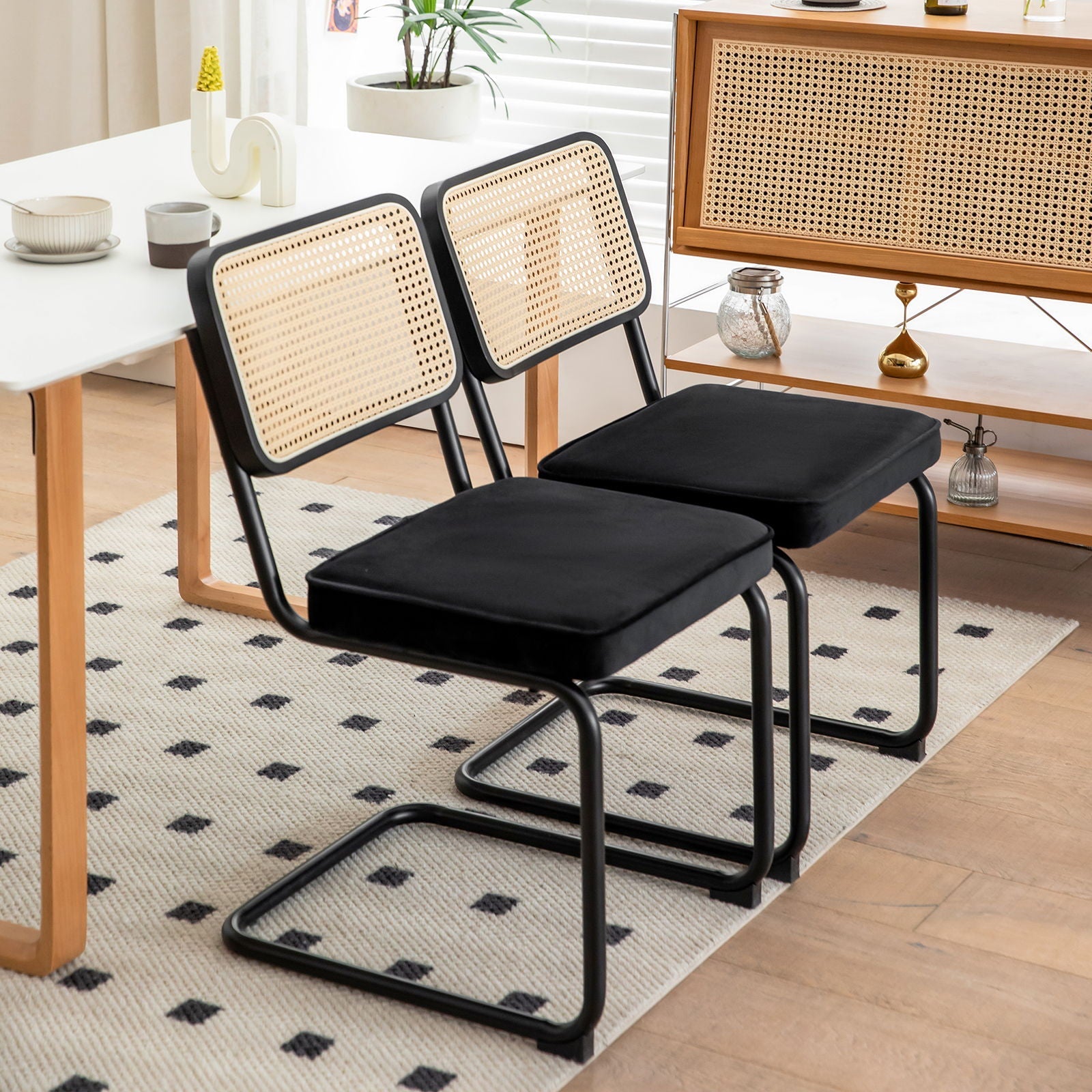 Rattan Side Accent Dining Chairs With Painted Legs (Set of 2)