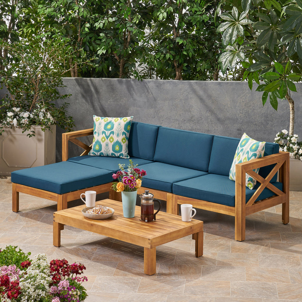 Outdoor Sectional Set Acacia Wood Teak Dark Blue Cushions 5 Piece Seats 4