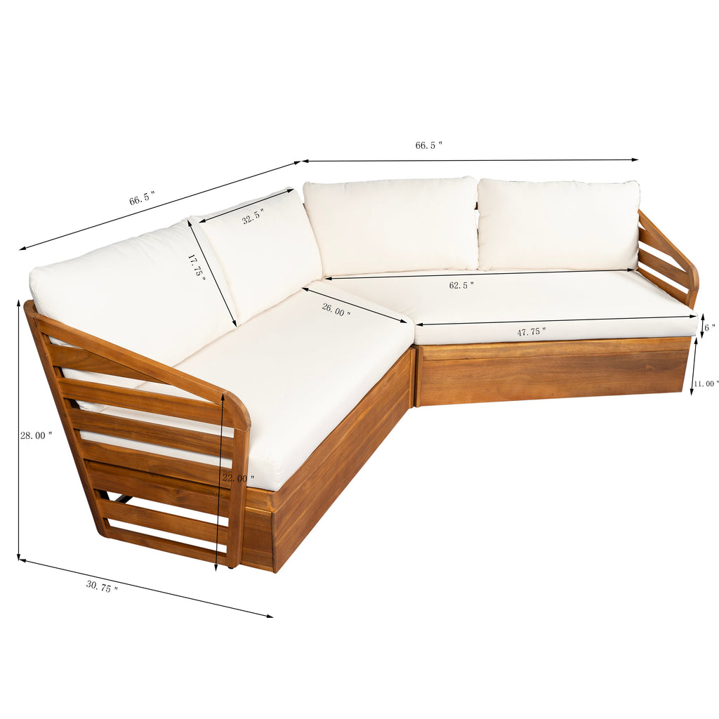 Outdoor Sectional Set Acacia Wood Teak Beige V-Shape 2 Piece 800 LB