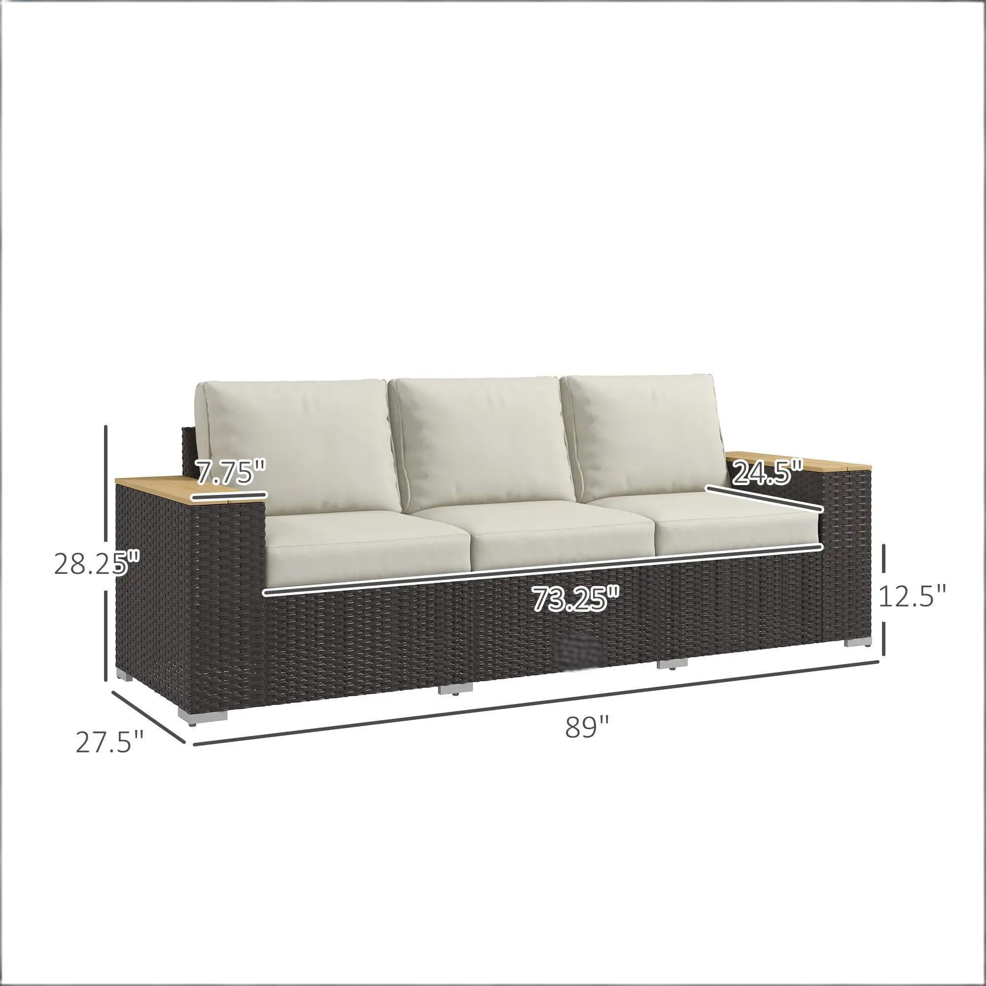 Outdoor Sofa PE Rattan Beige 3 Seat 89in Deep Seat 726 LB