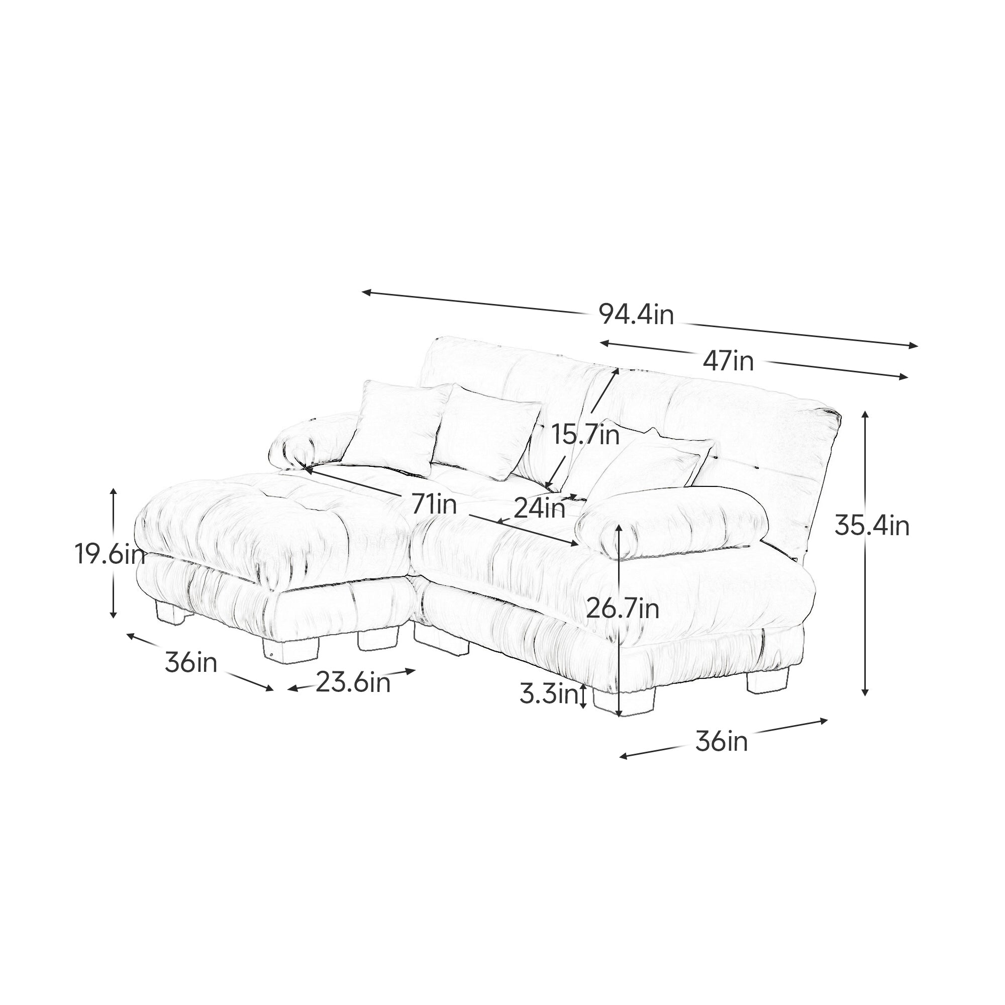 Sectional Sofa Cloud Chenille Blue 2 Seat Convertible Ottoman