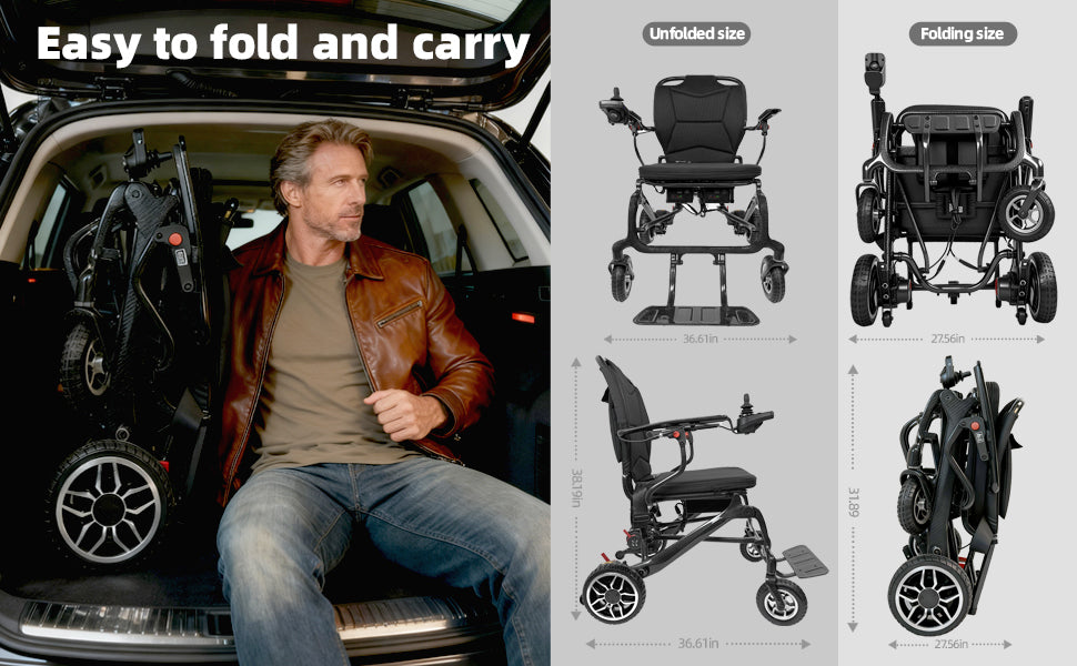 Wheelchair Electric Foldable Carbon Fiber 37 LB 30 Mile Range 38x24x37 In