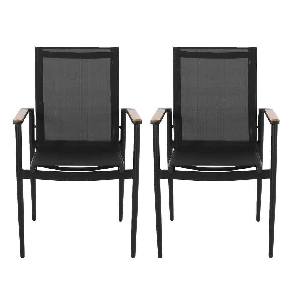 Dining Chair Outdoor Aluminum Mesh Black Natural Faux Wood Accent 22x25x36 In
