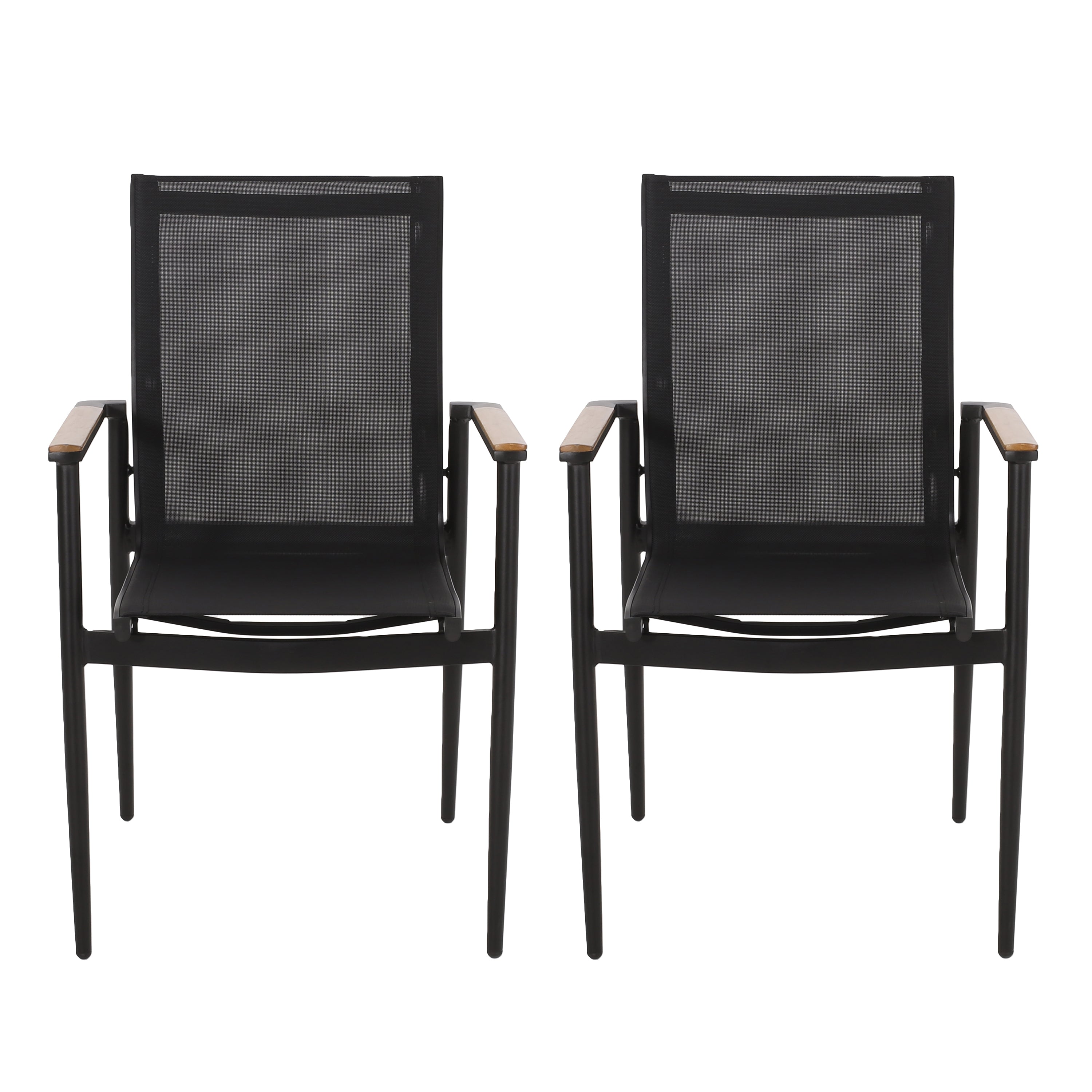 Dining Chair Outdoor Aluminum Mesh Black Natural Faux Wood Accent 22x25x36 In