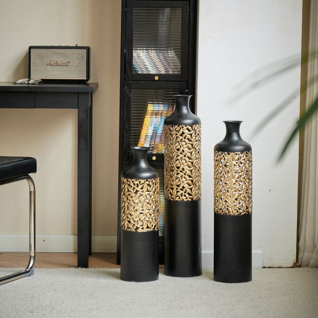 Floor Metal Vases Decorated Metal Vases (Set of 3) Gorgeous Home Decoration Large Glazed Metal Vases - Black / Gold