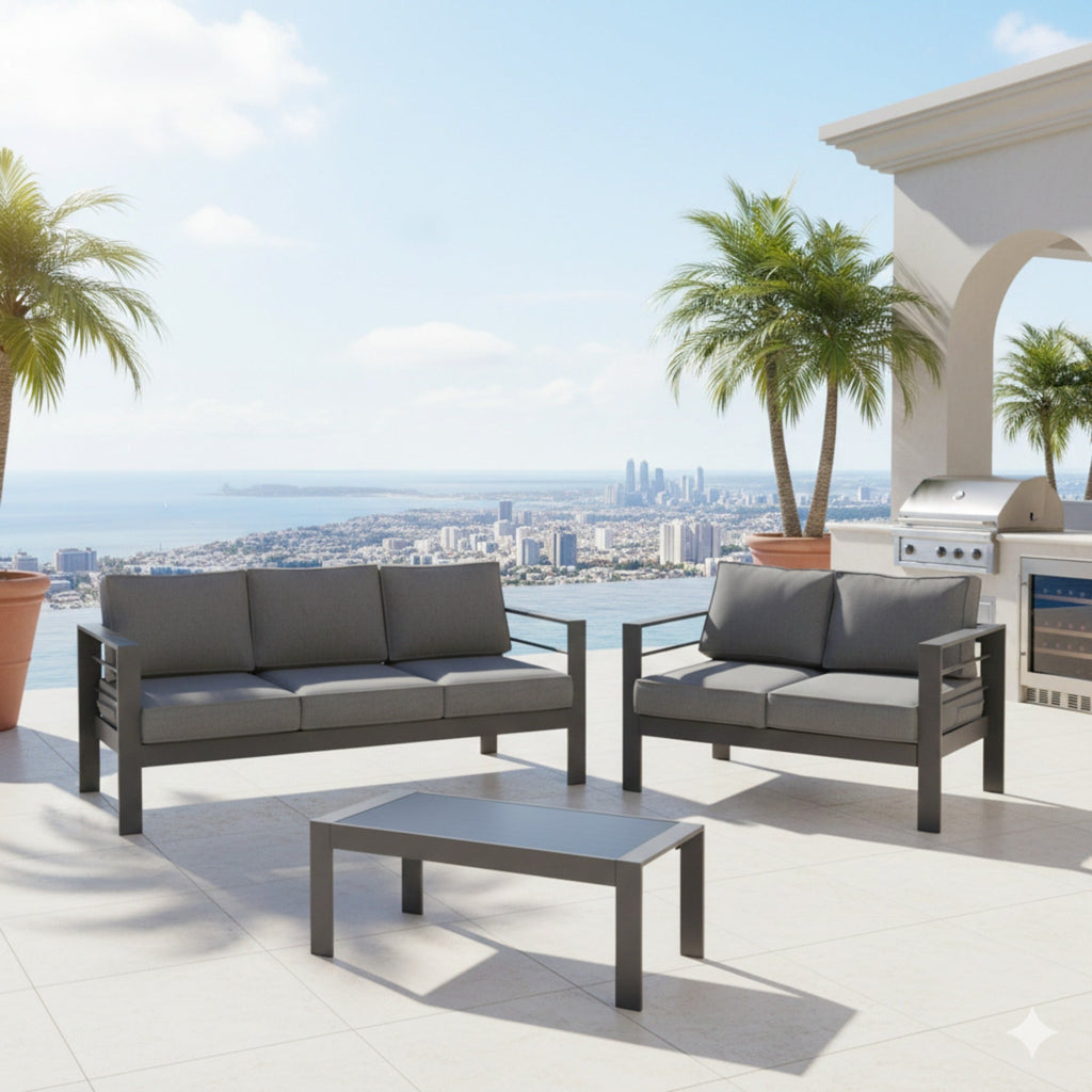 Outdoor Conversation Set 5 Seat Aluminum Gray Blue Cushion