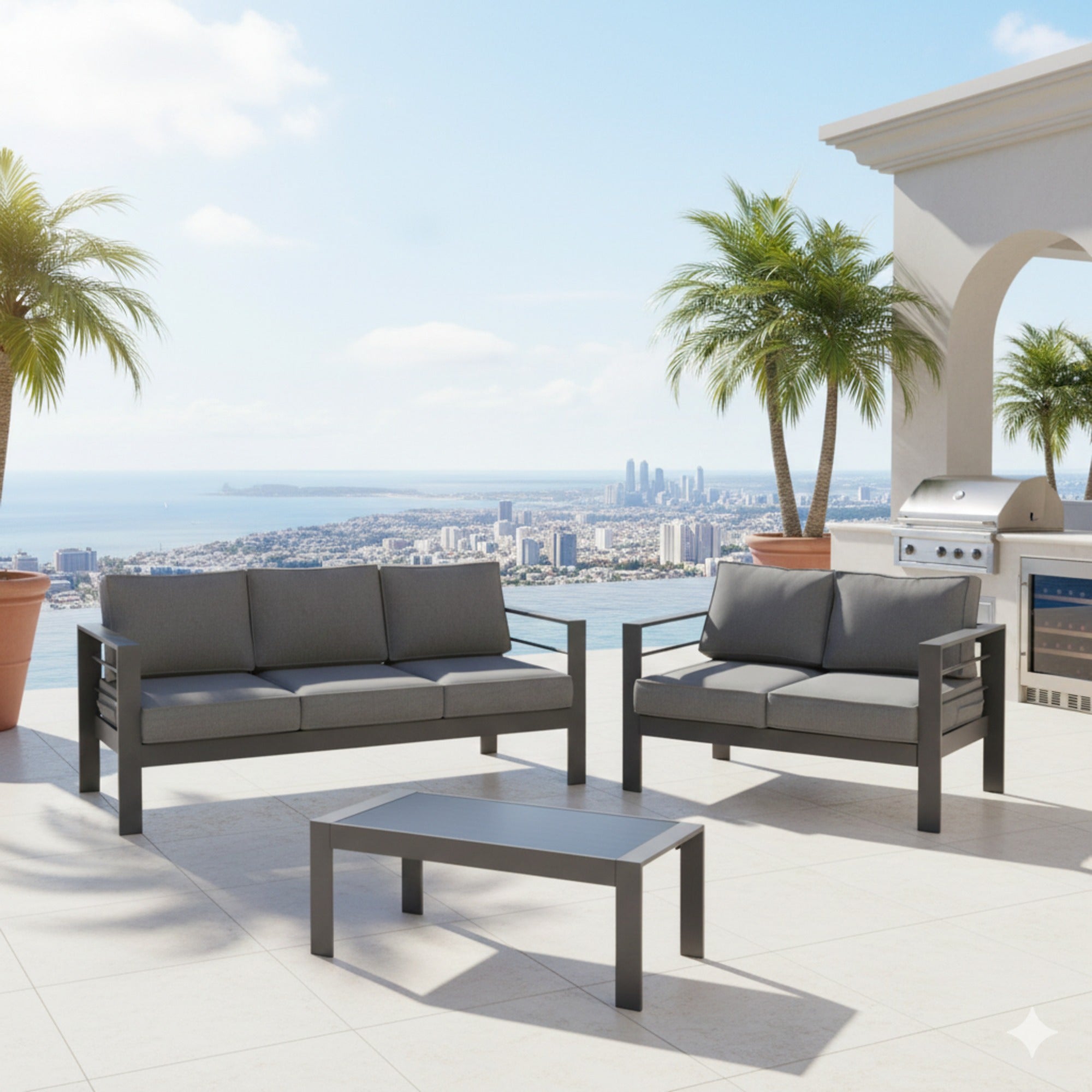 Outdoor Conversation Set 5 Seat Aluminum Gray Blue Cushion