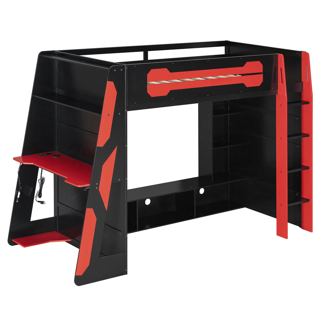 Twin Size Wood Loft Bed with Desk, Multi-storage Shelves and RGB Light, Red