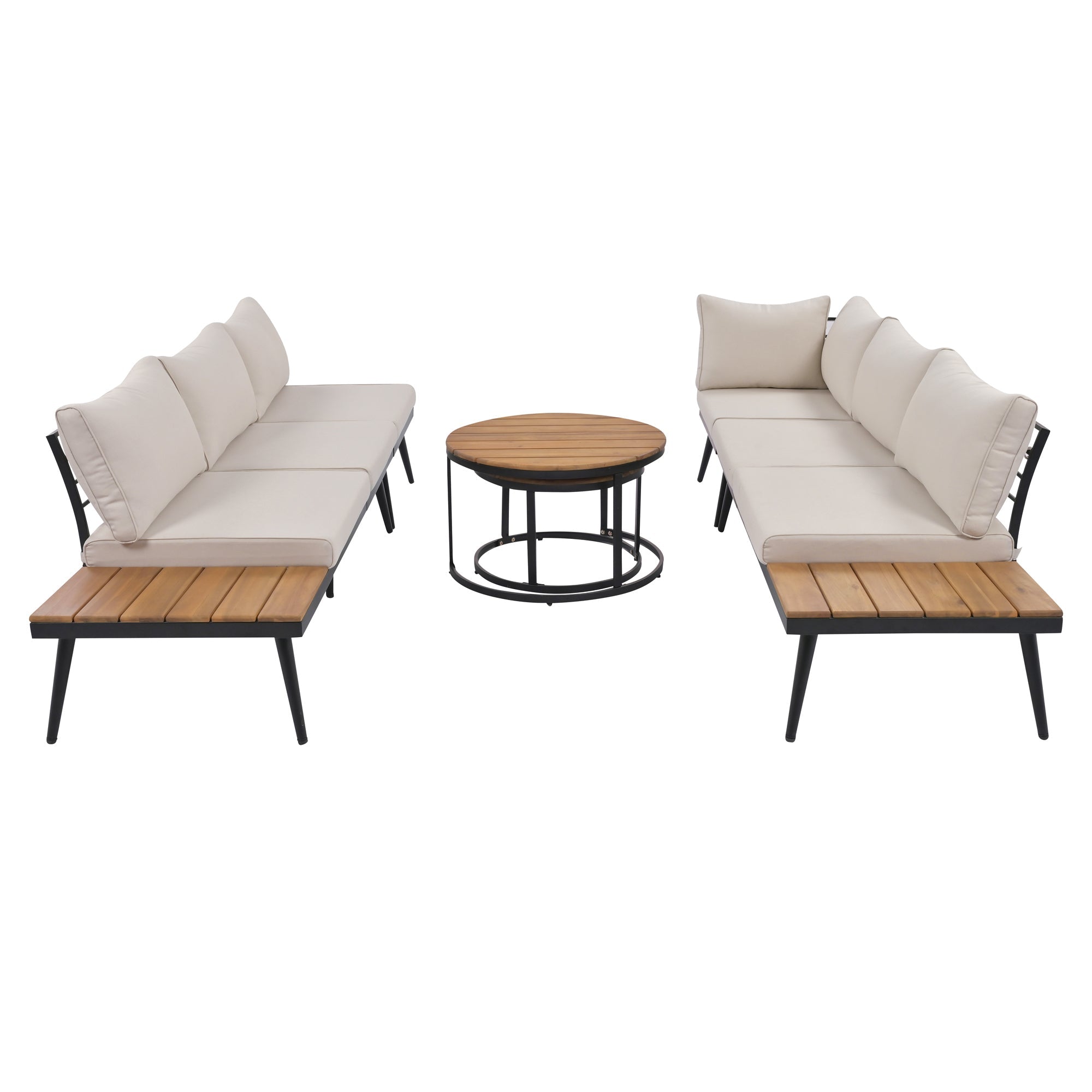 Outdoor Sectional Set Acacia Wood Steel Beige Cushion 6 Piece Seats 5