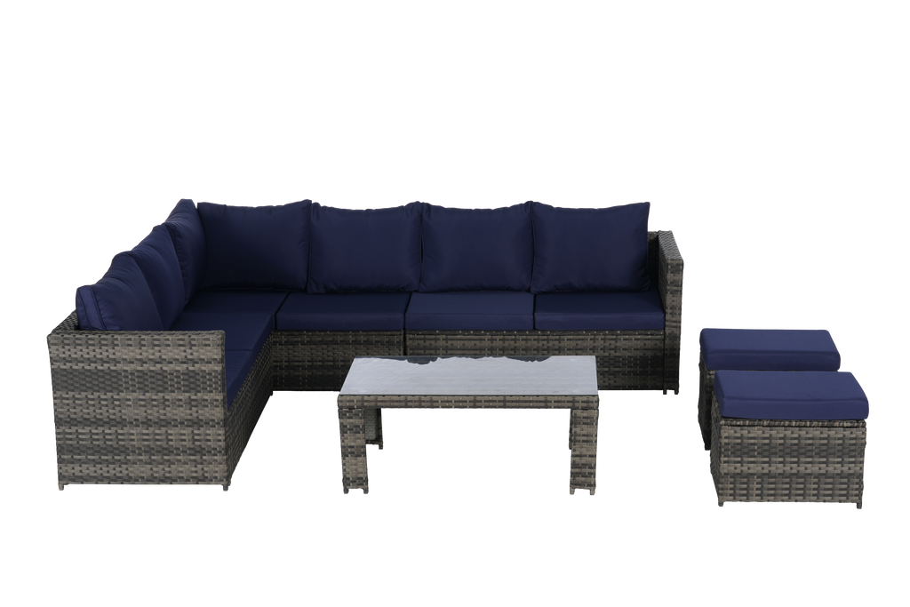 Outdoor Patio Rattan Set 6 Piece Seats 8 Dark Blue