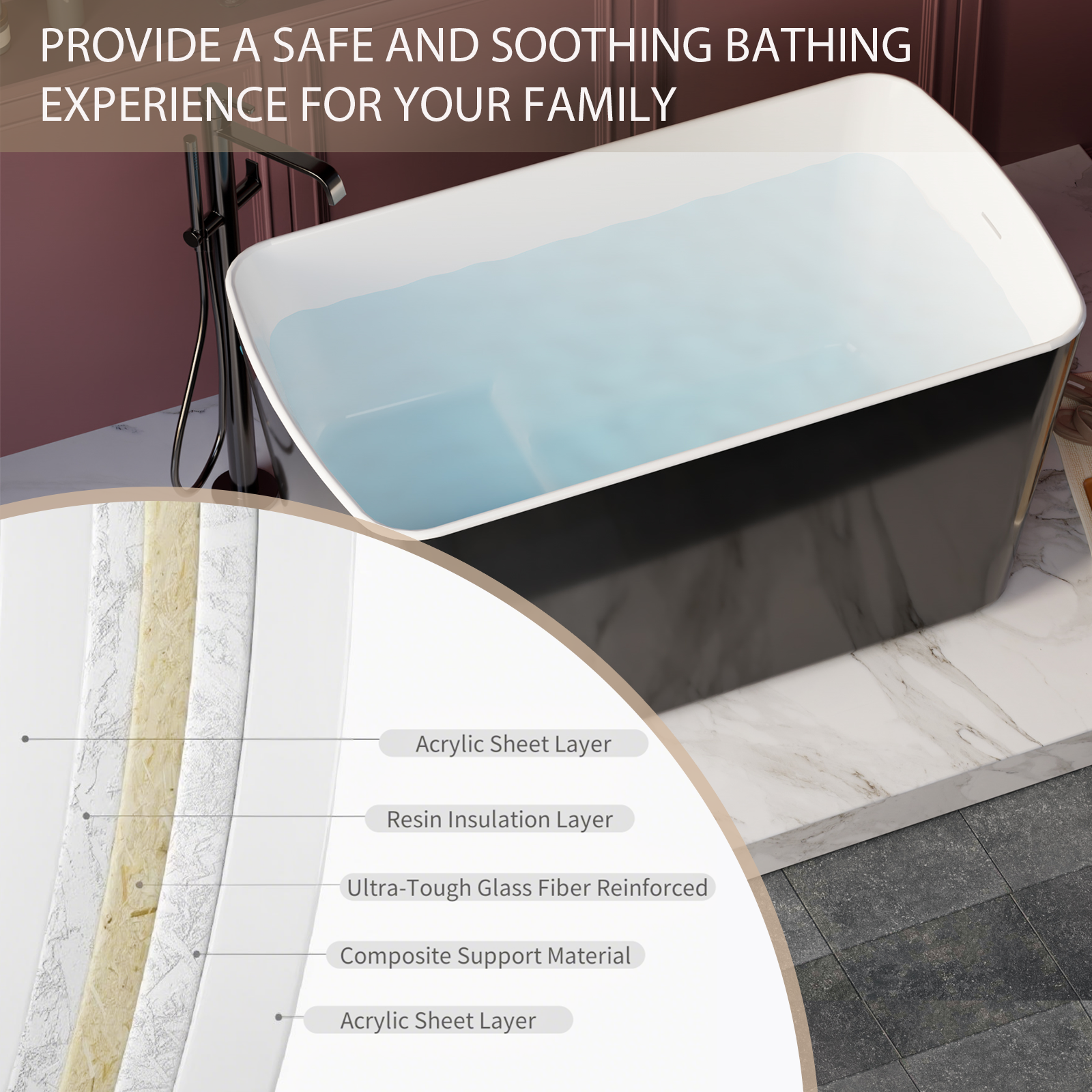 Freestanding Acrylic Soaking Bathtub 49x27.95x24" Square Japanese