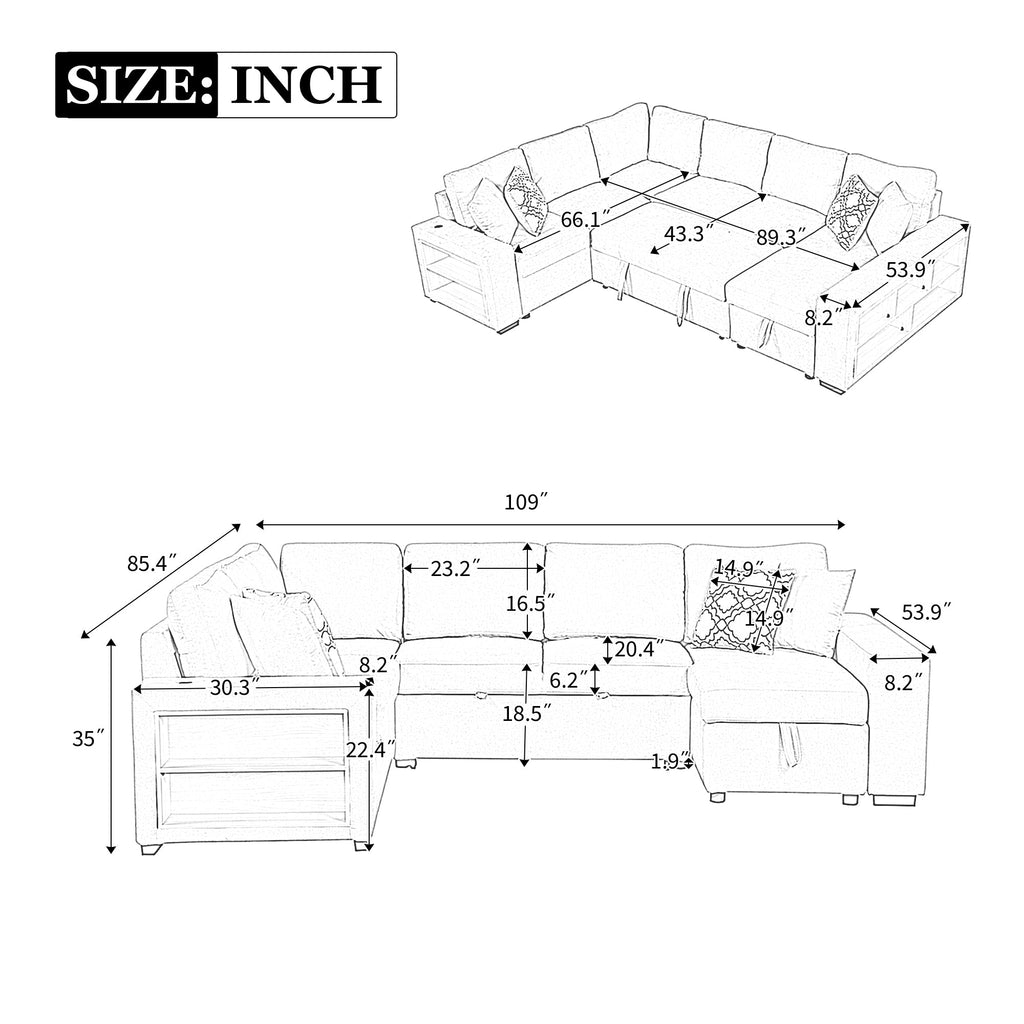 Sectional Sofa U-Shape Chenille Gray 5 Seat USB Ports Pull-Out 109 In