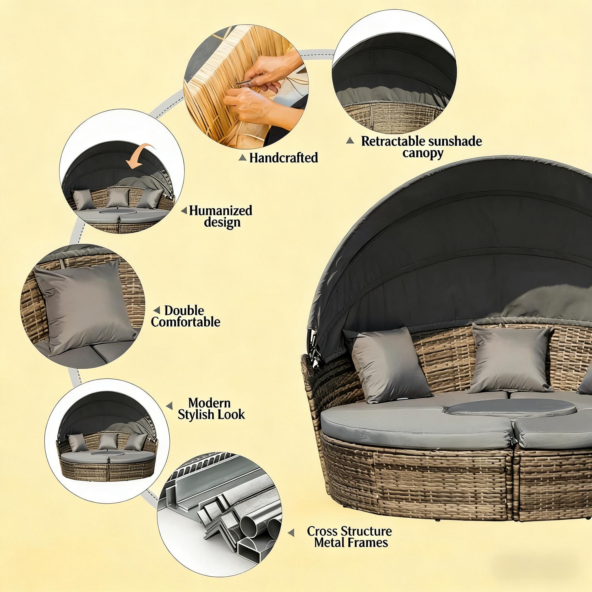 Outdoor Round Daybed Set PE Rattan Dark Gray 4 Piece Canopy 352 lb Cap