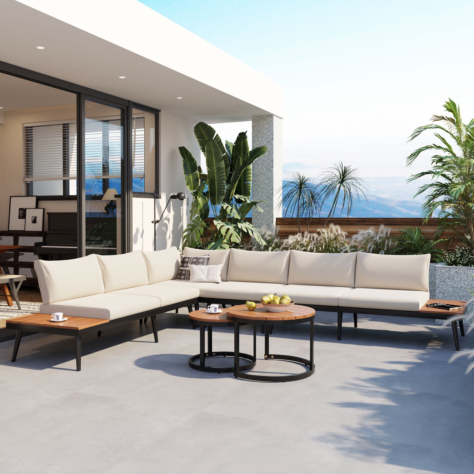 Outdoor Sectional Set Acacia Wood Steel Beige Cushion 6 Piece Seats 5