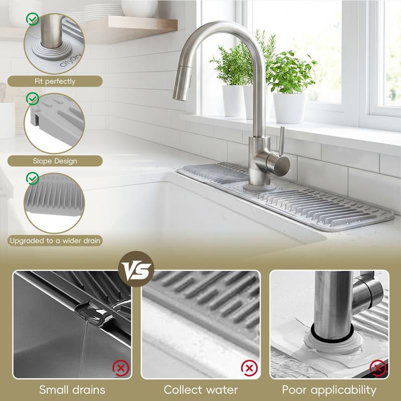 Citydry-Kitchen Sink Faucet Mat, Silicone Folding Splash Guard, Draining Mat with Button Lock, Sink Faucet Protector, Sink Accessories for Kitchen