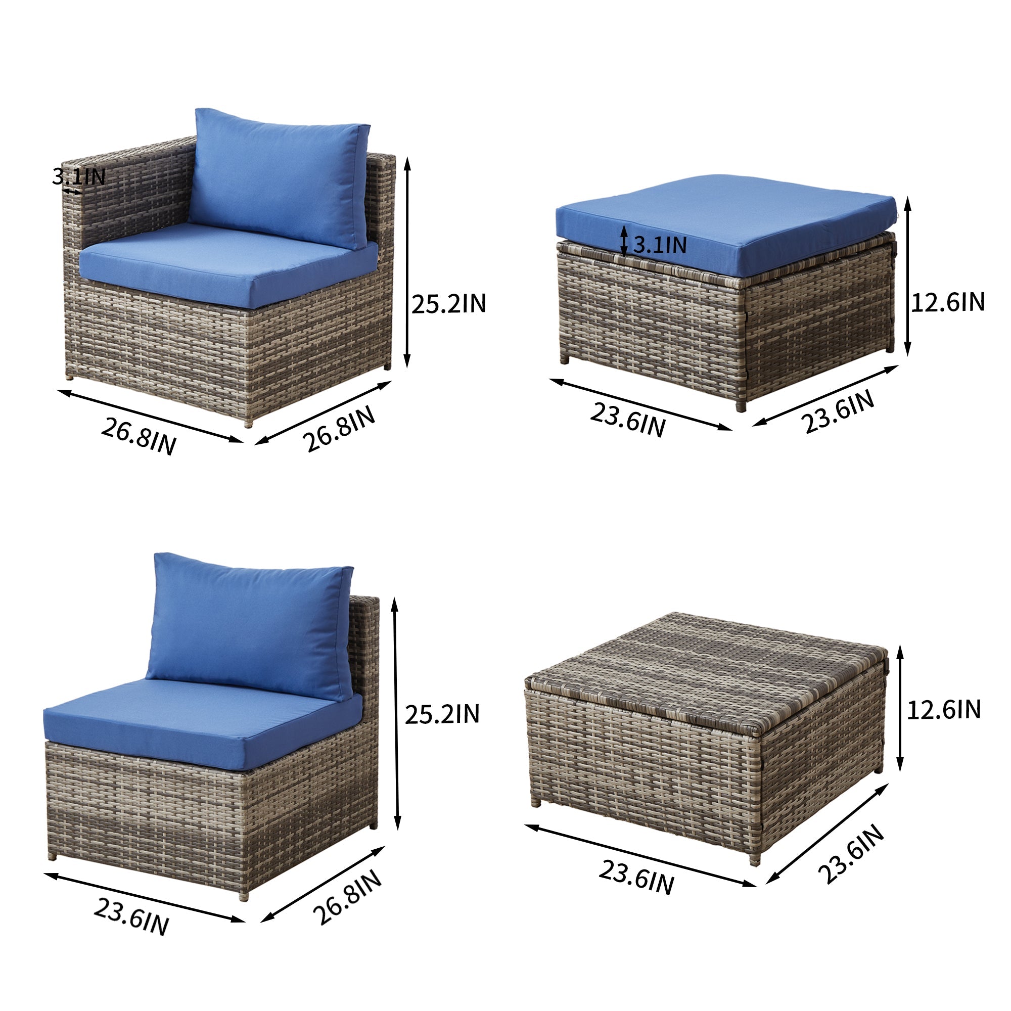 Outdoor Patio Sofa Set PE Rattan Blue Gray All Weather Steel Frame