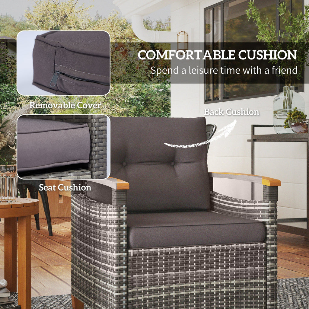 Outdoor Bistro Set PE Rattan Wood Frame Gray 3 Piece