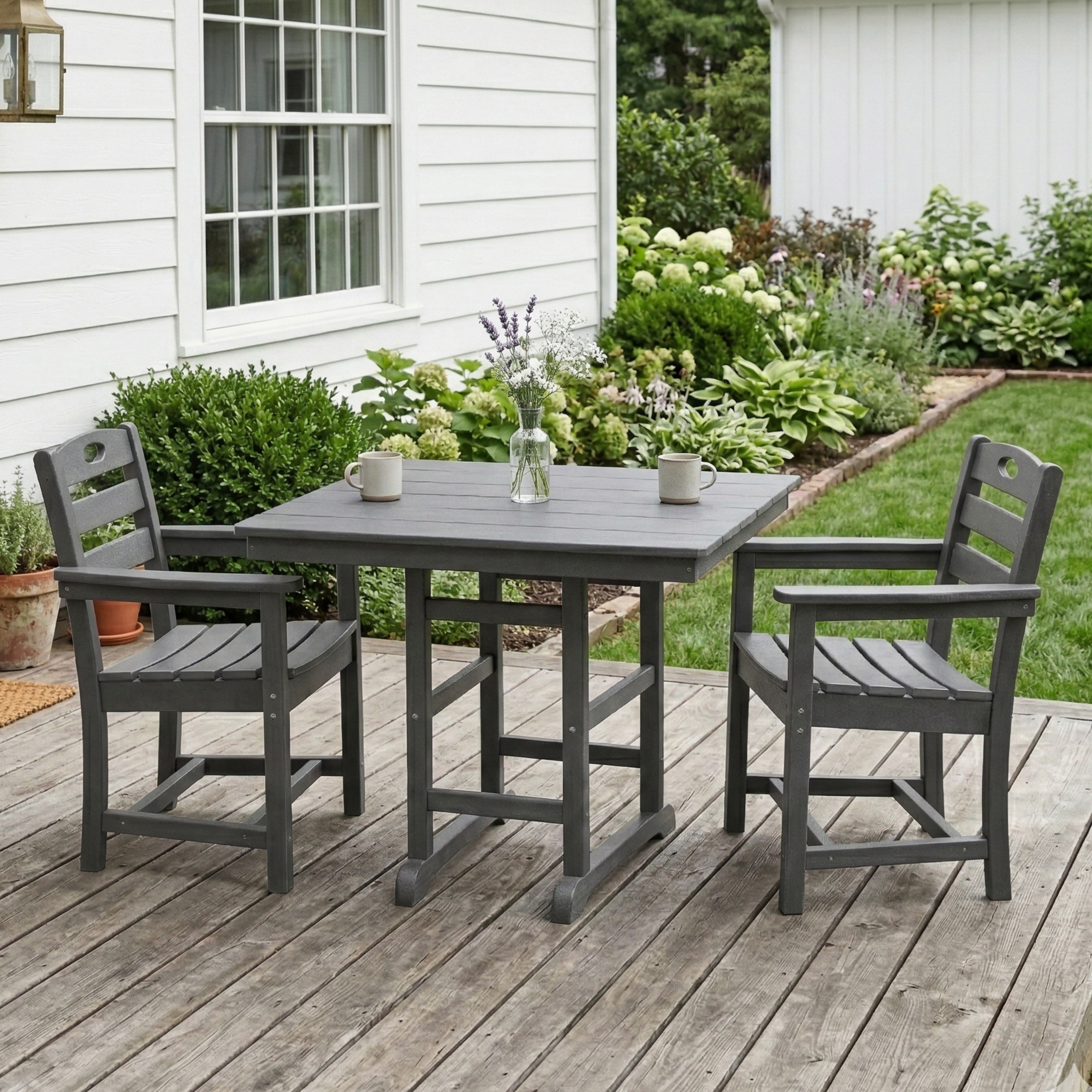 Outdoor Patio Set HDPE Gray 3 Piece Square Table 2 Armchairs Seats 2