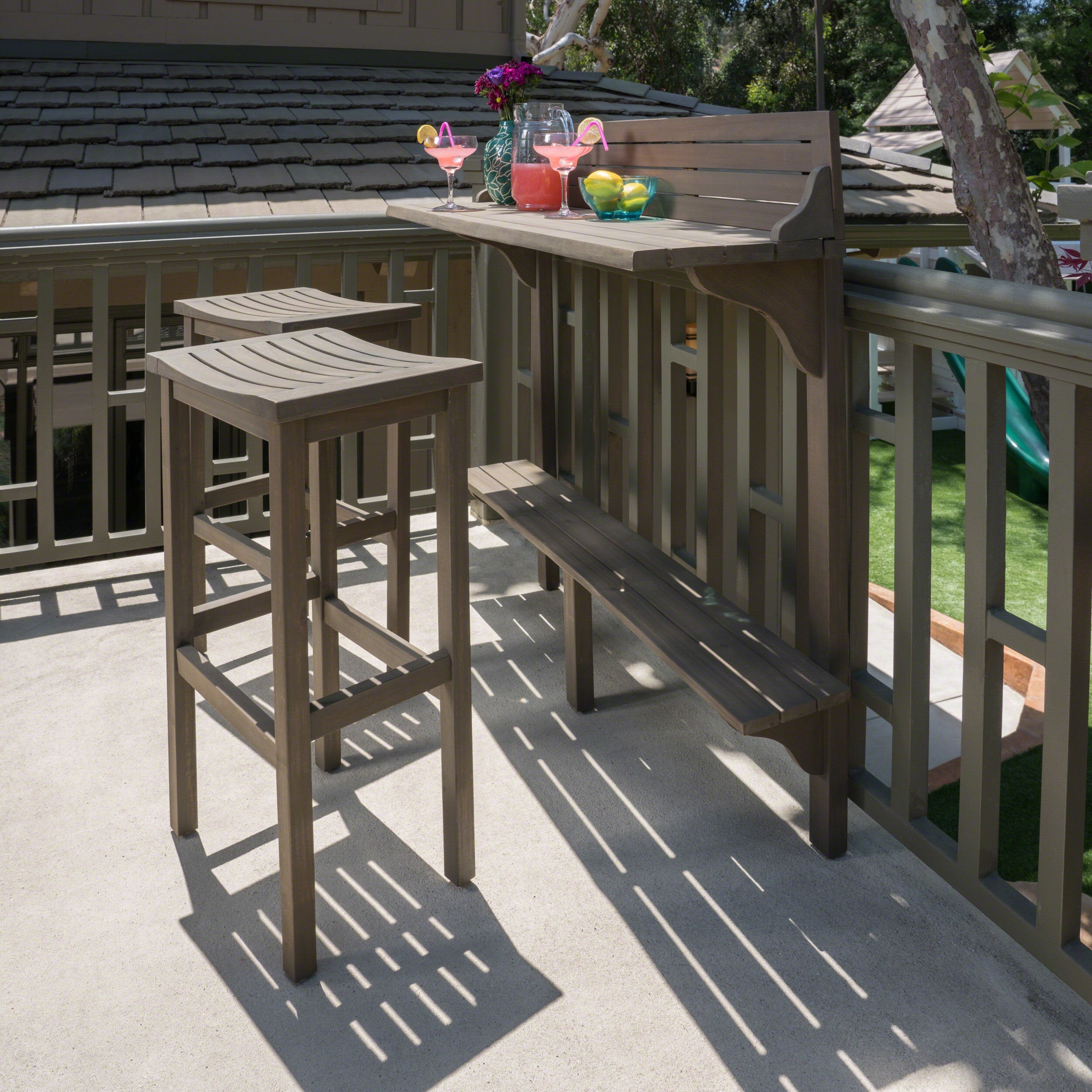Outdoor Balcony Bar Set Acacia Wood Gray 3 Piece Table 2 Stools Seats 2