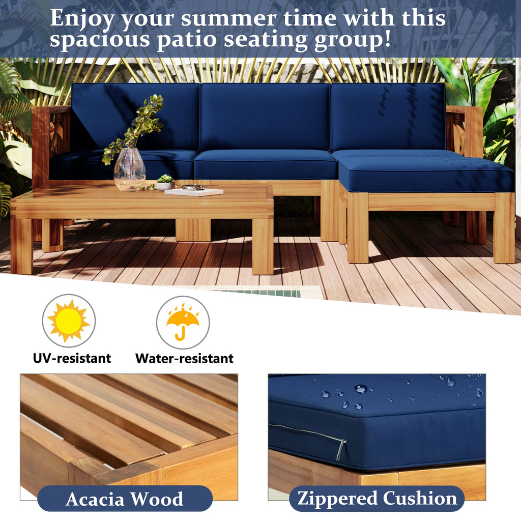 Outdoor Patio Sectional Set Acacia Wood Natural Blue Cushions 5 Piece