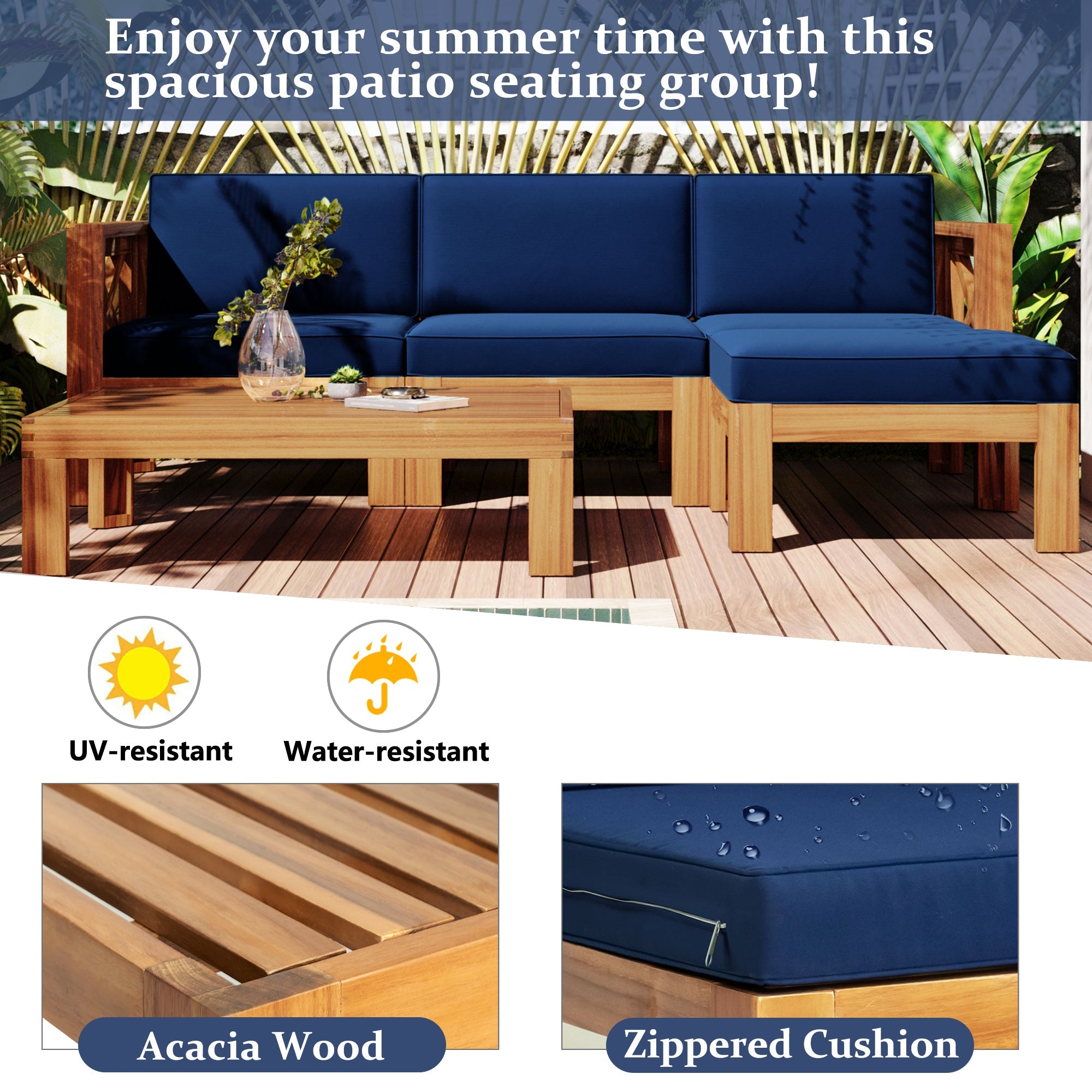 Outdoor Patio Sectional Set Acacia Wood Natural Blue Cushions 5 Piece