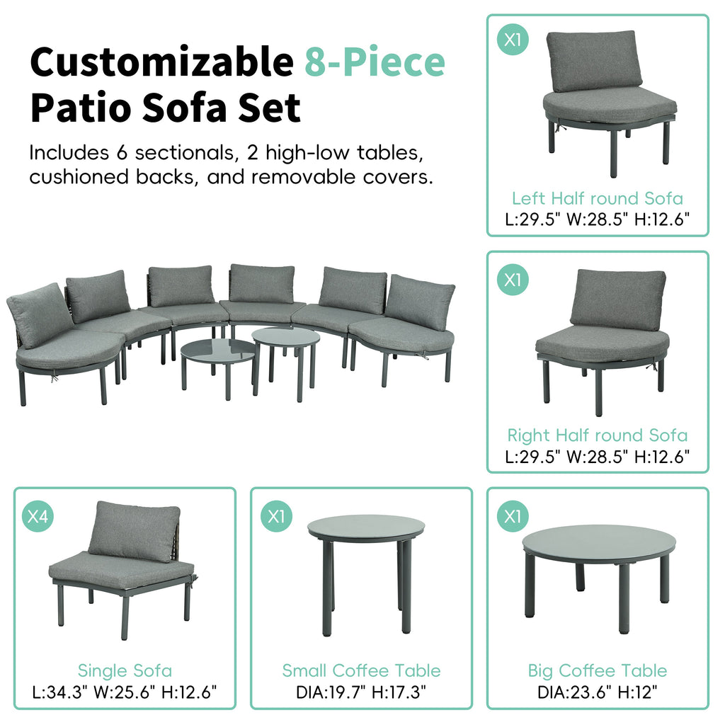 Outdoor Patio Set Half Moon Wicker Aluminum Gray 8 Piece 2 Tables