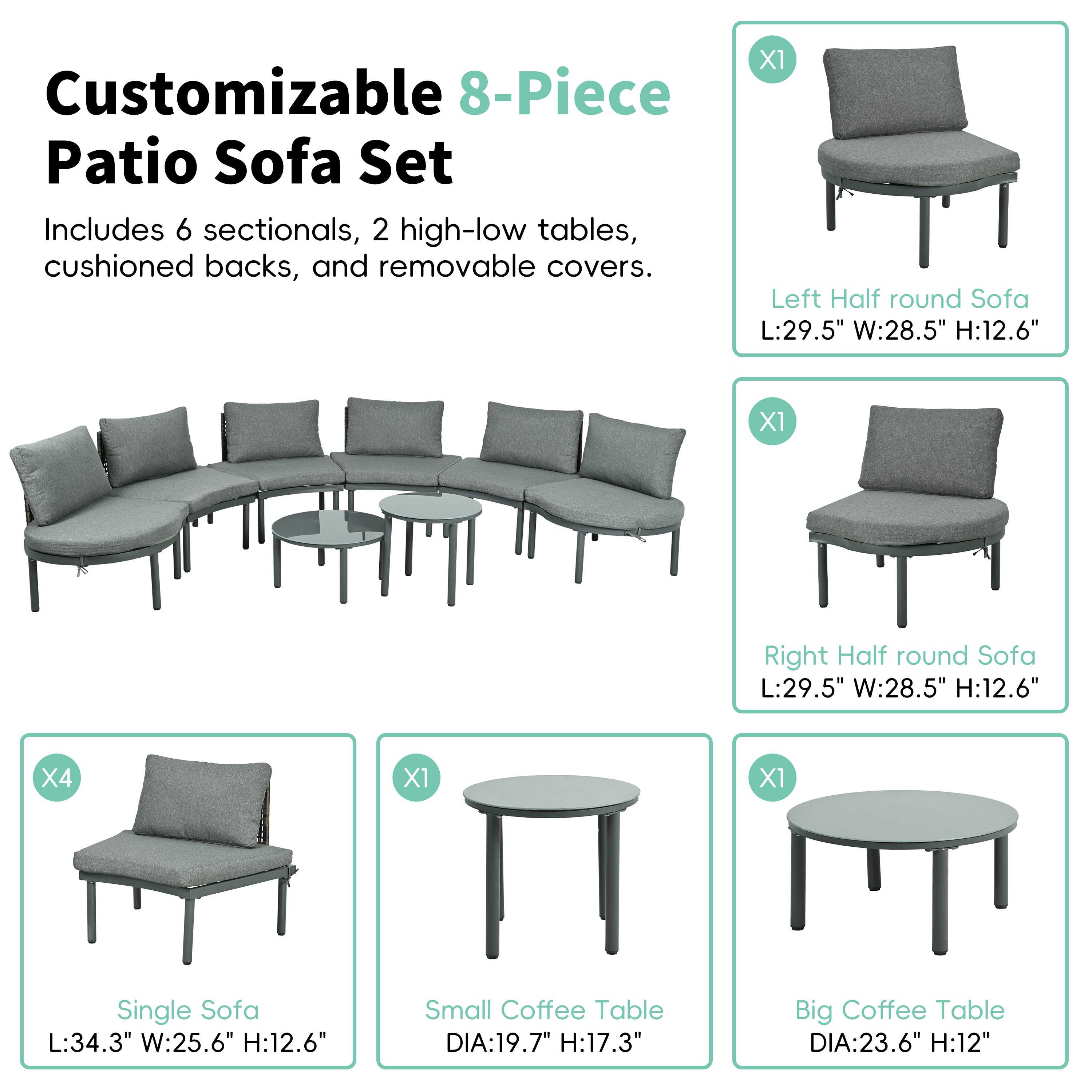 Outdoor Patio Set Half Moon Wicker Aluminum Gray 8 Piece 2 Tables