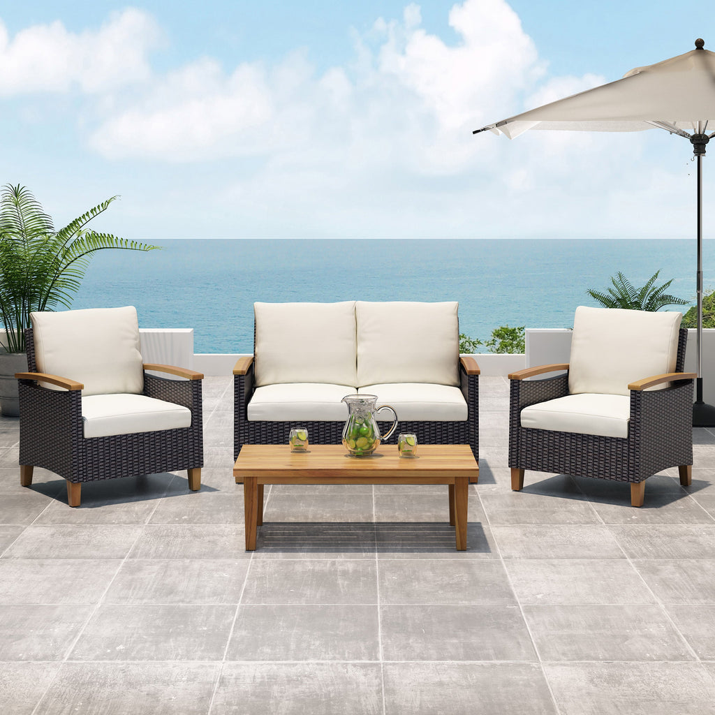 Outdoor Patio Set PE Rattan Acacia Wood Teak Cushions 4 Piece