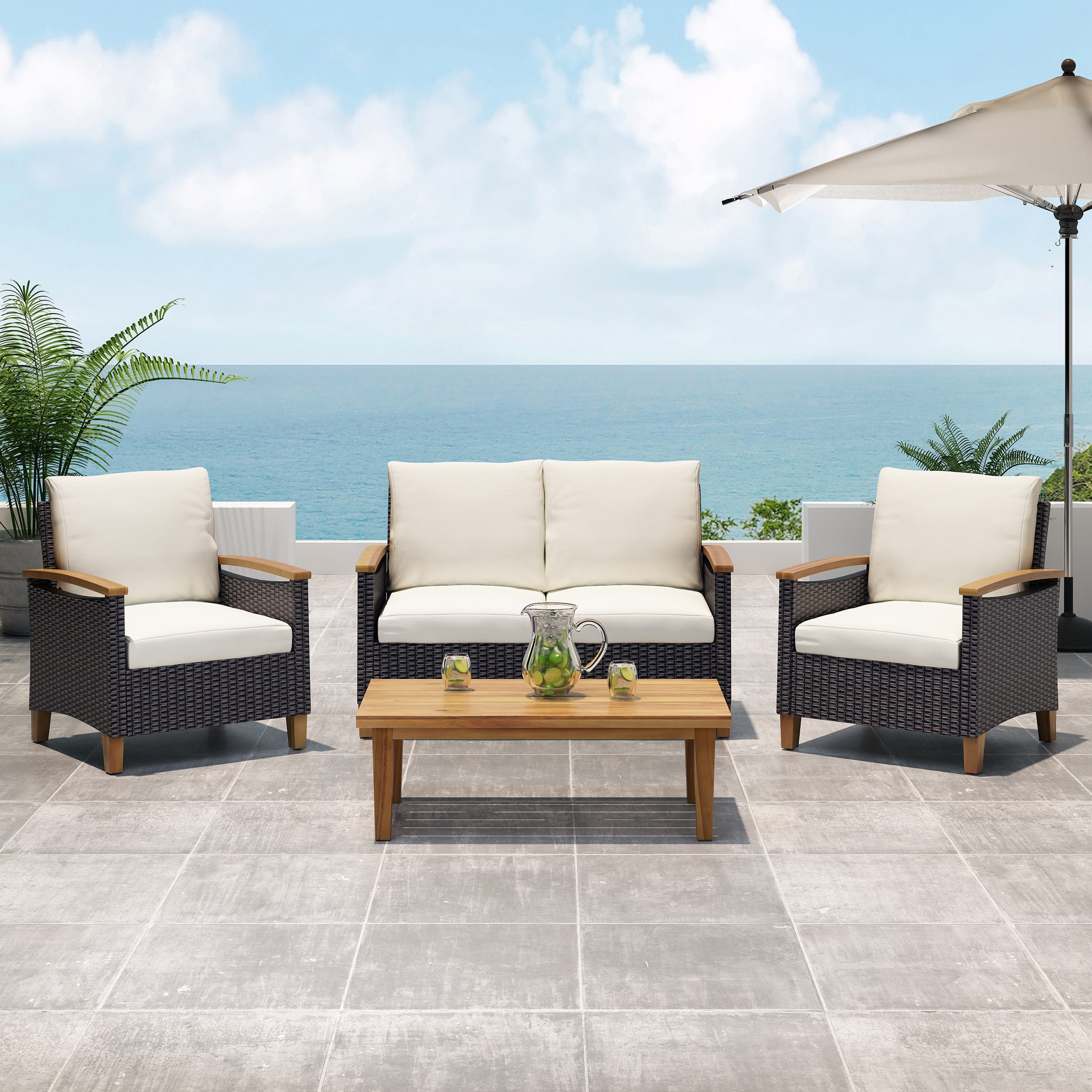 Outdoor Patio Set PE Rattan Acacia Wood Teak Cushions 4 Piece
