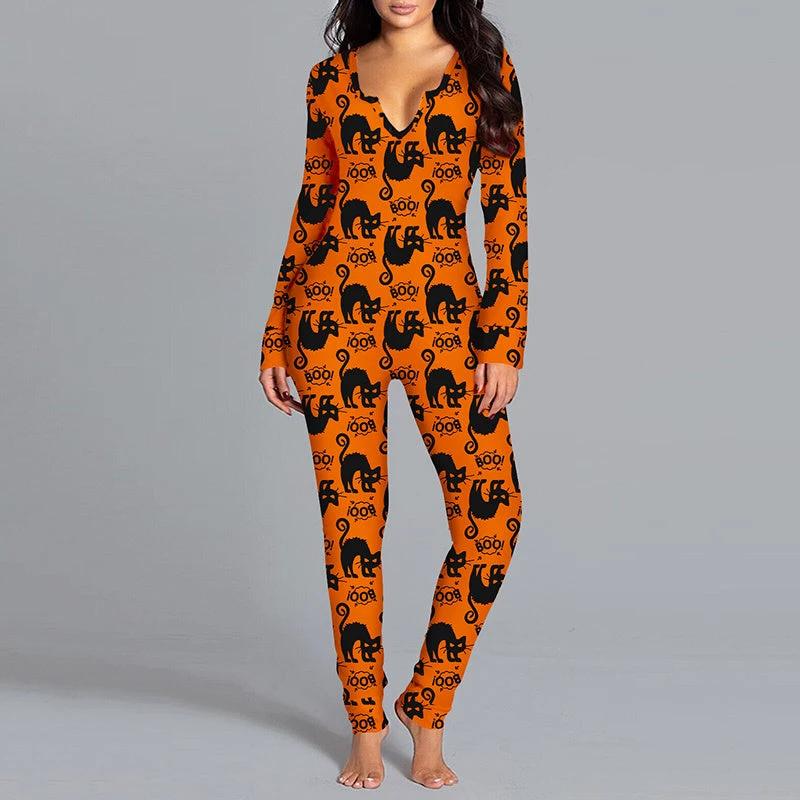 Halloween Printed Jumpsuit - Long Sleeve Home Pajamas