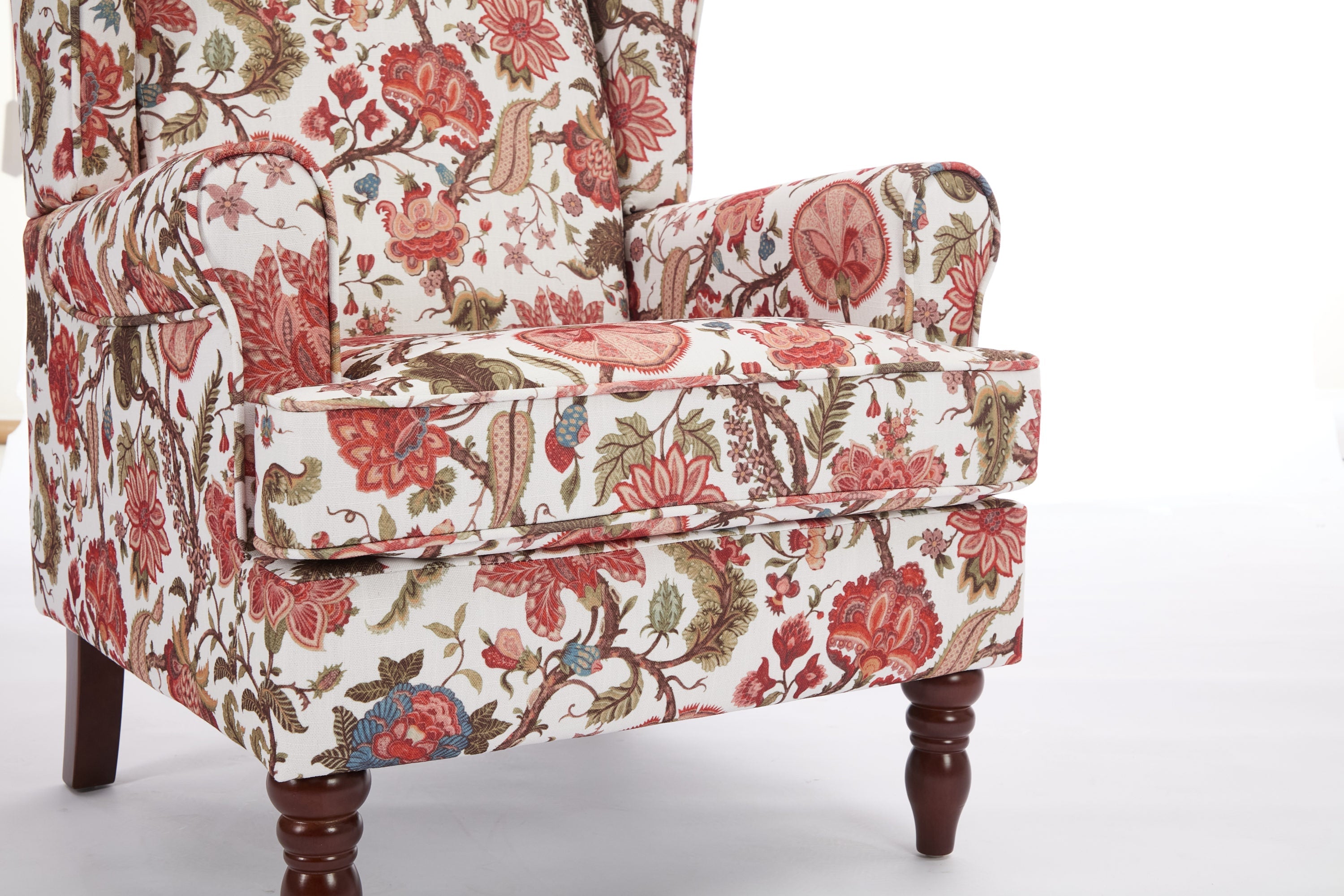 Accent Chair Wingback Linen Floral Red Pine Legs 28x30x38 In
