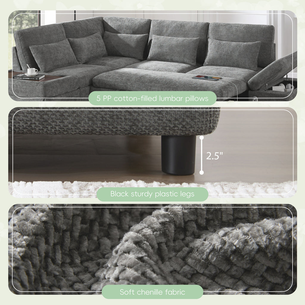 Sofa Bed L-Shape Chenille Gray 6 Seat Pull-Out USB Ports 107 In