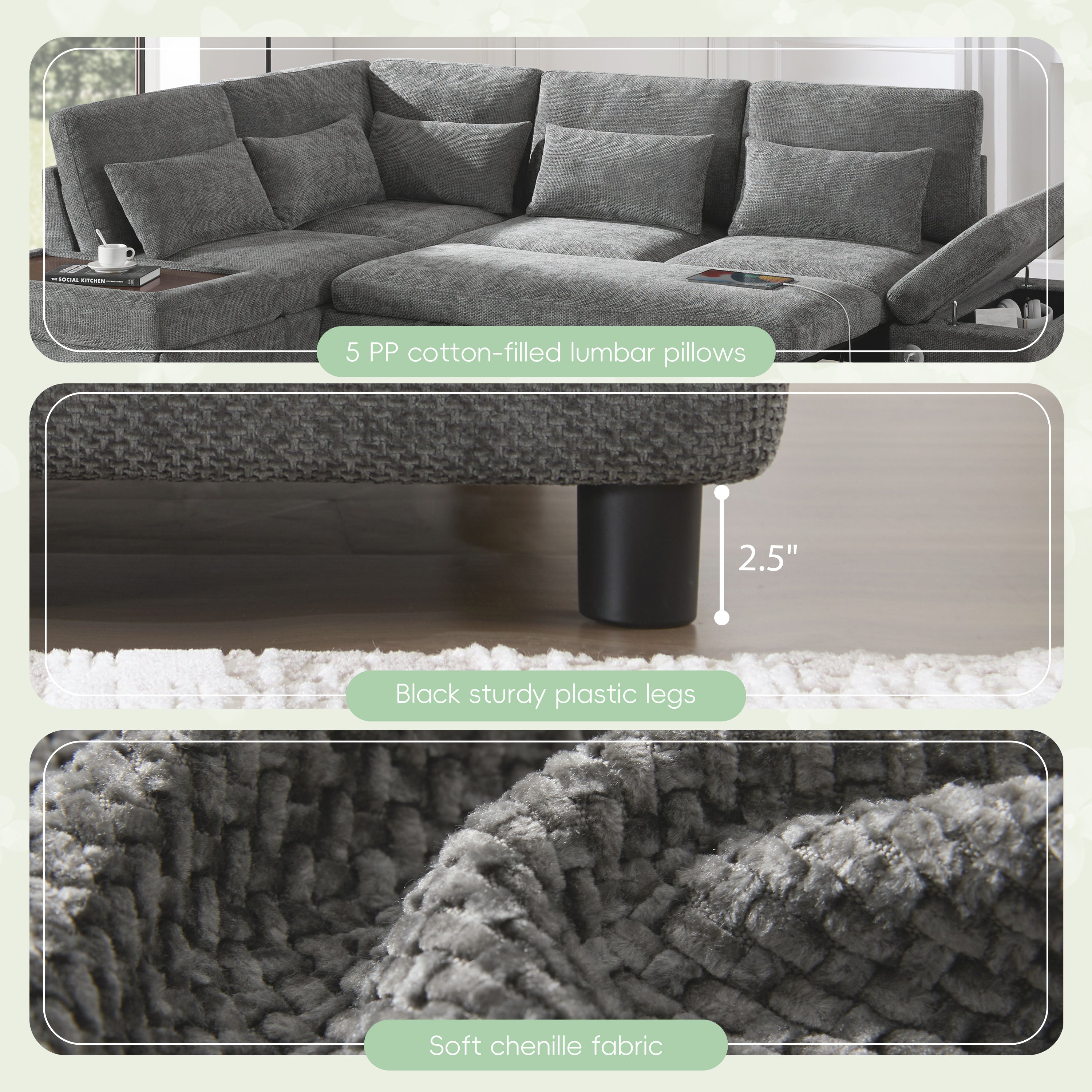 Sofa Bed L-Shape Chenille Gray 6 Seat Pull-Out USB Ports 107 In
