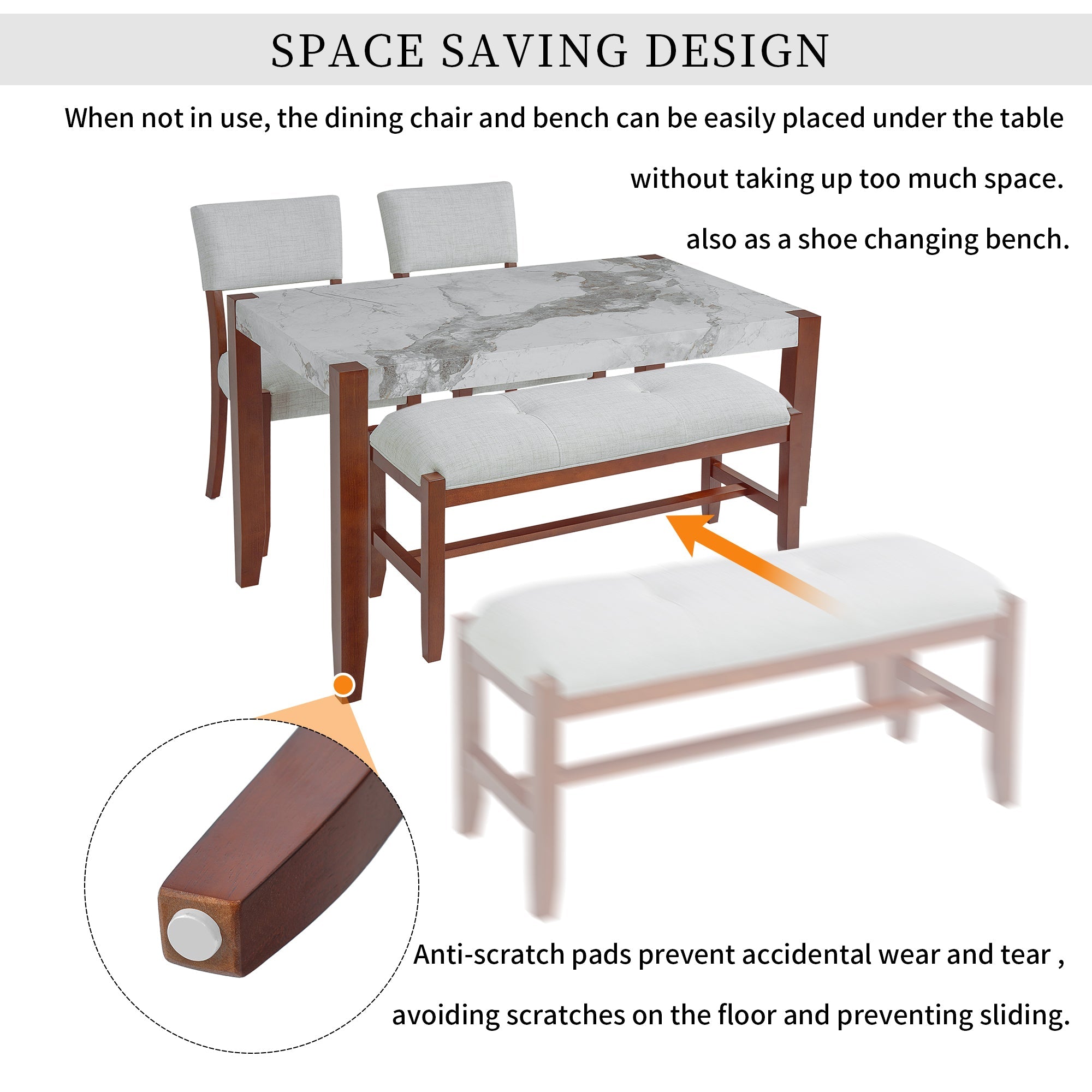 4-Piece Dining Set, 1 Marble-Look Table with 2 Upholstered Chairs and 1 Bench