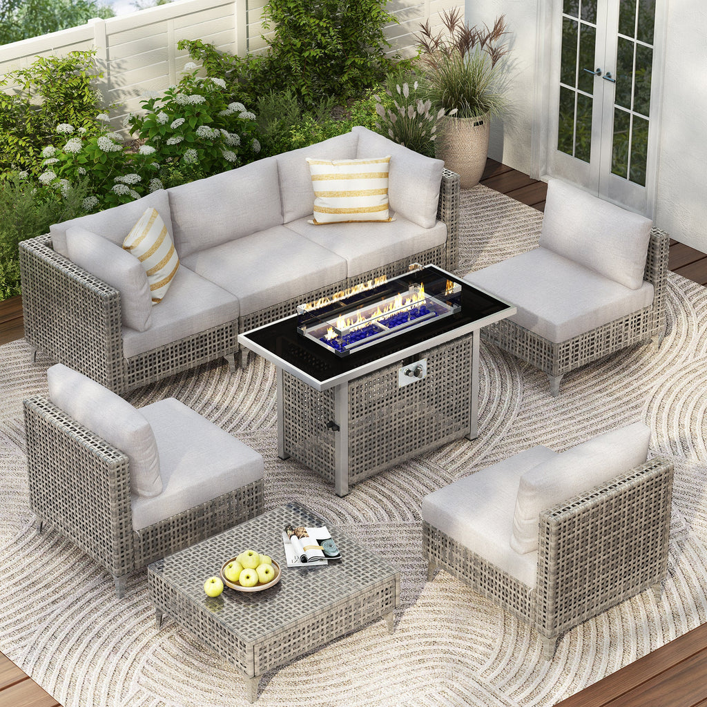 Outdoor Patio Set with Fire Pit Table Rattan Gray 8 Piece 60000 BTU