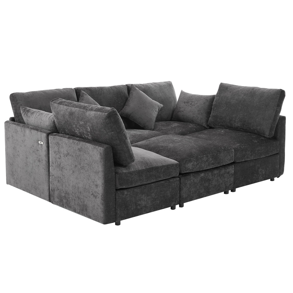 Sectional Sofa U-Shape Modular Chenille Black 5-Seat USB Ports 86.6x61.4 In