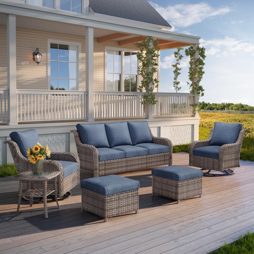 Outdoor Patio Set PE Rattan 6-Piece Sofa Swivel Rockers Gray