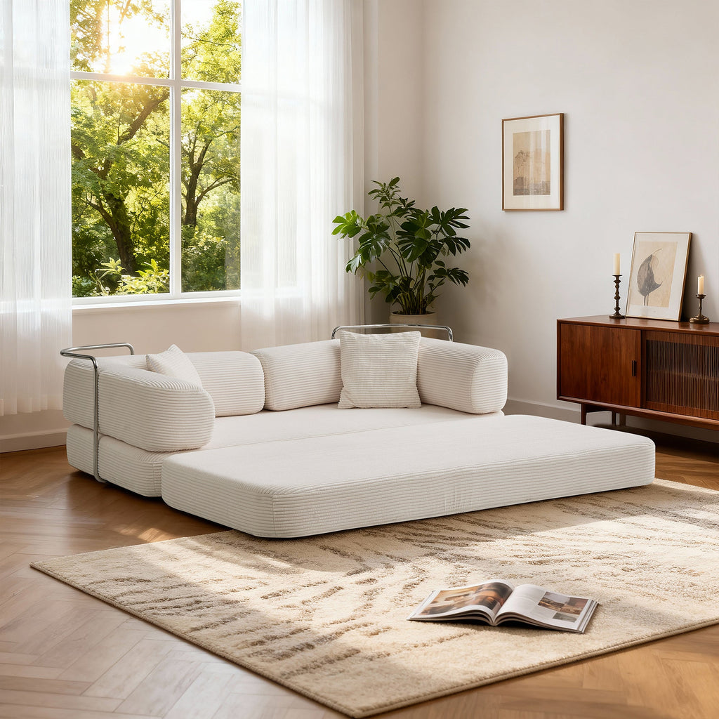Sofa Floor Low Profile 5-in-1 Corduroy Cream Sleeper with Blanket 74.8 In