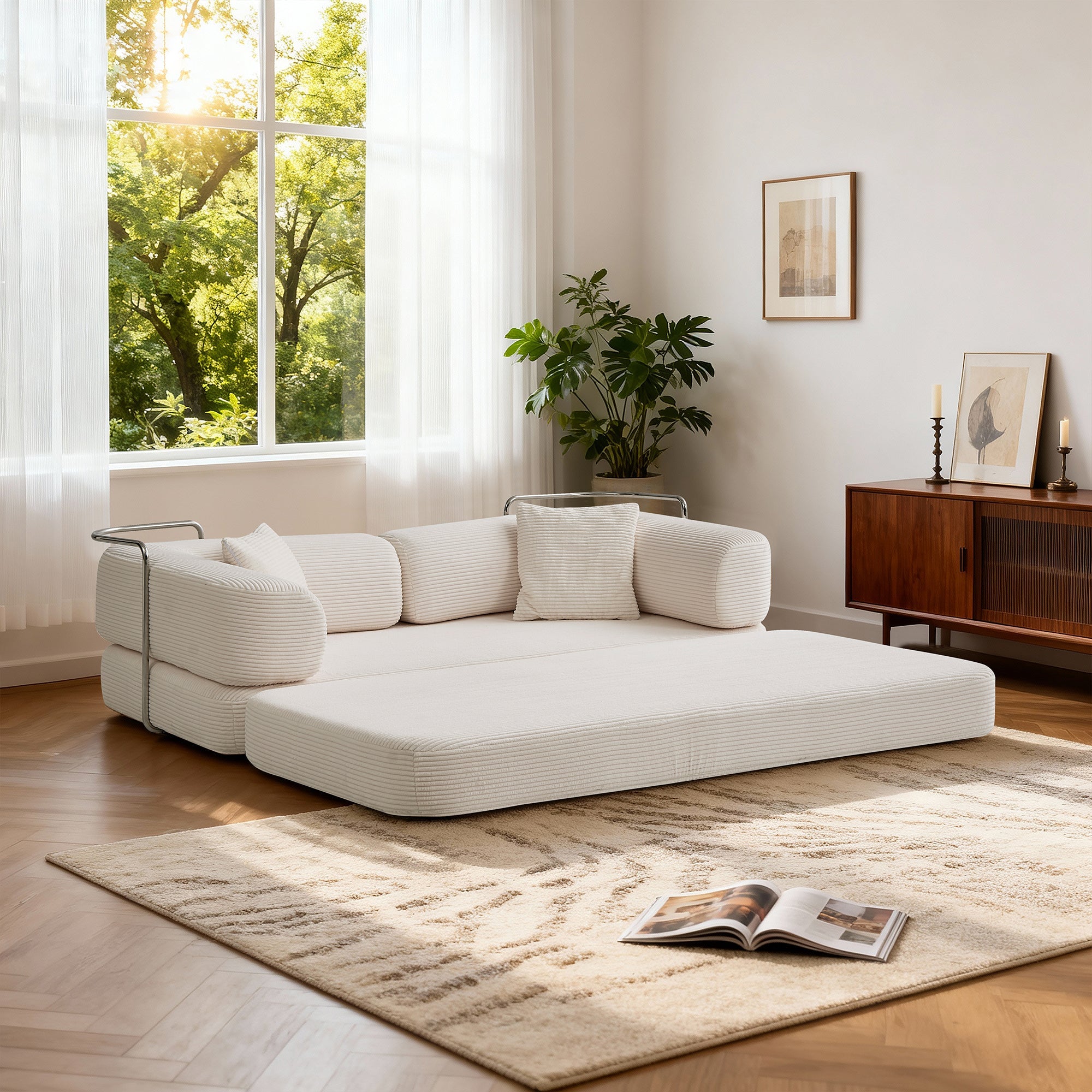Sofa Floor Low Profile 5-in-1 Corduroy Cream Sleeper with Blanket 74.8 In