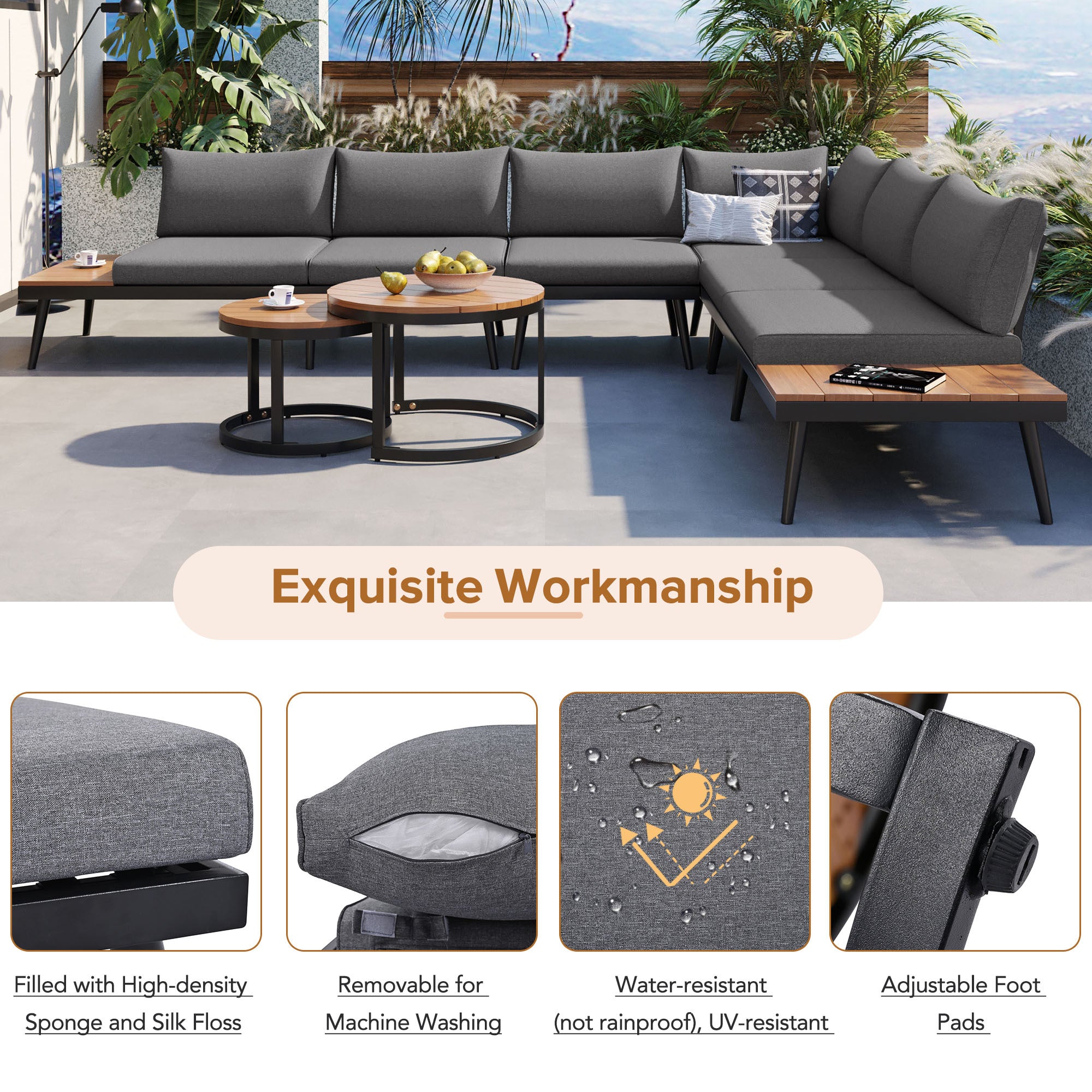 Outdoor Sectional Set Acacia Wood Steel Gray with Nesting Tables