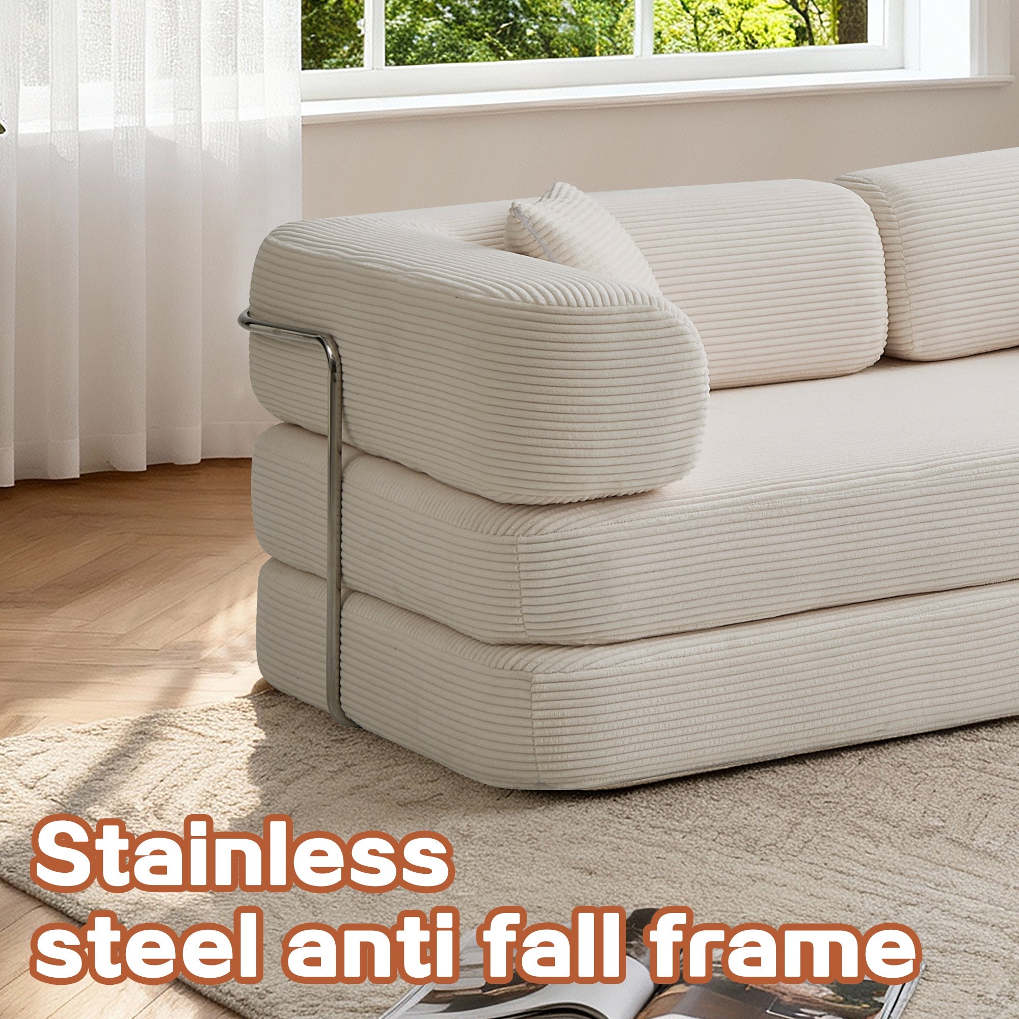 Sofa Floor Low Profile 5-in-1 Corduroy Cream Sleeper with Blanket 74.8 In
