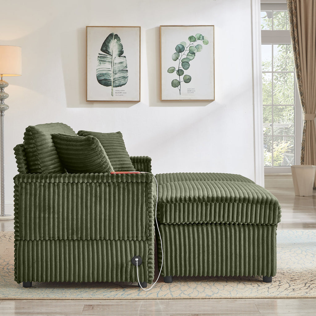 Sectional Sofa L-Shape Corduroy Green Storage Chaise 2 Ottomans USB 69 In