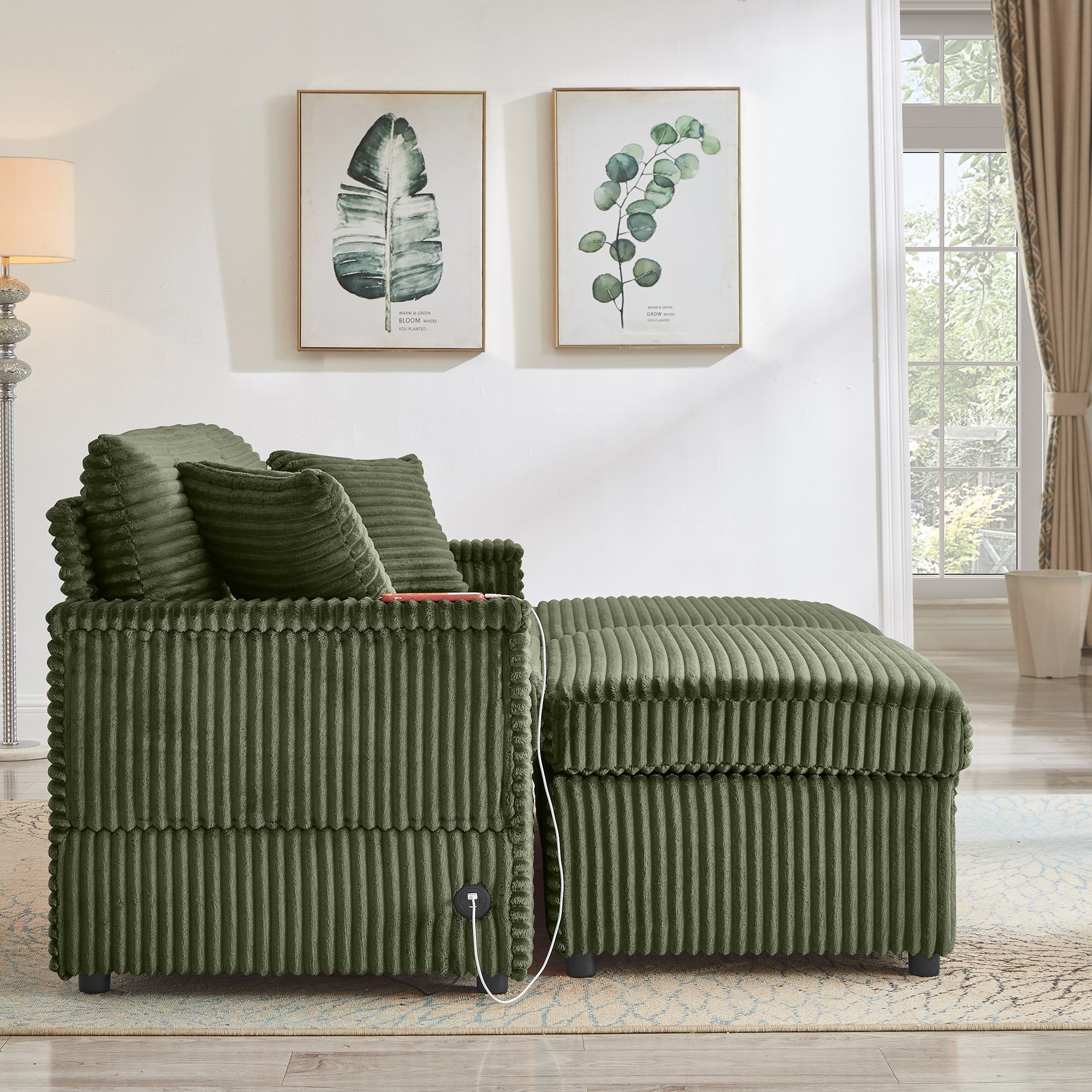 Sectional Sofa L-Shape Corduroy Green Storage Chaise 2 Ottomans USB 69 In