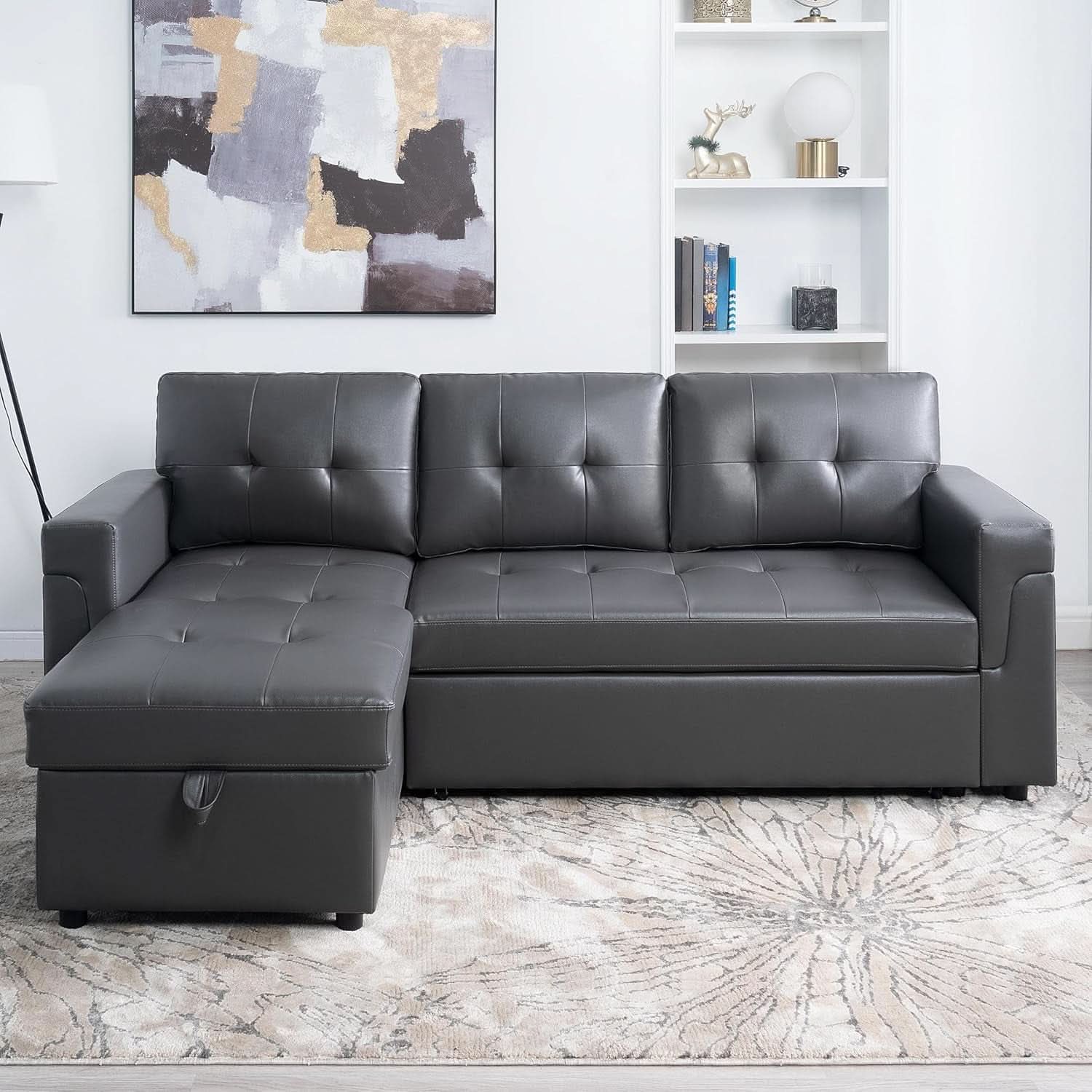 Sleeper Sectional Sofa With Convertible Bed In Dark Gray