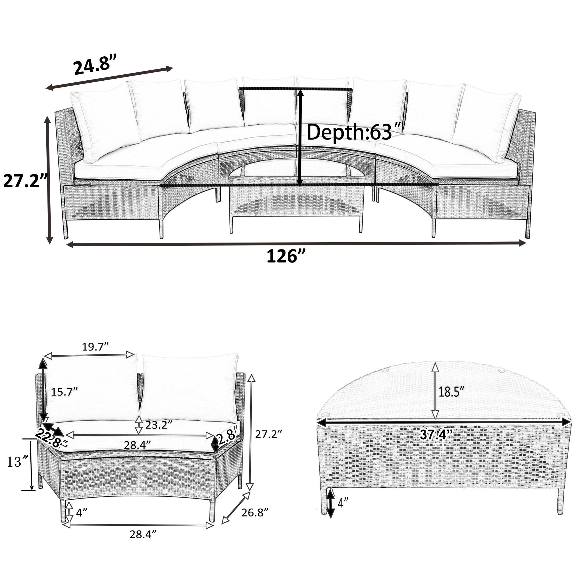 Outdoor Sectional Set PE Rattan Steel Gray Half Moon 5 Piece 350 LB