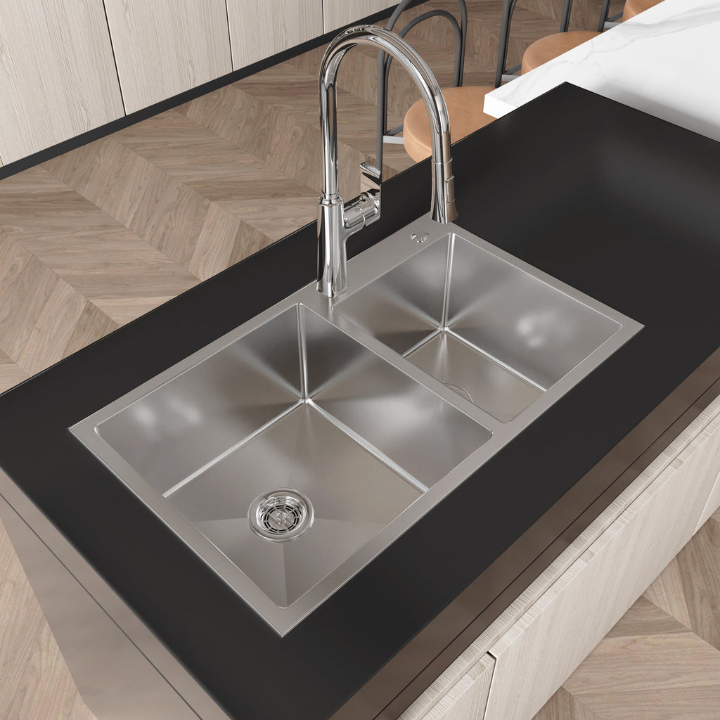 Stainless Steel Kitchen Sink, 32″x19″ Double Bowl in Brushed Nickel, Overmount Handmade Sink, with US Standard Drain and Hook, LS-SSBR03
