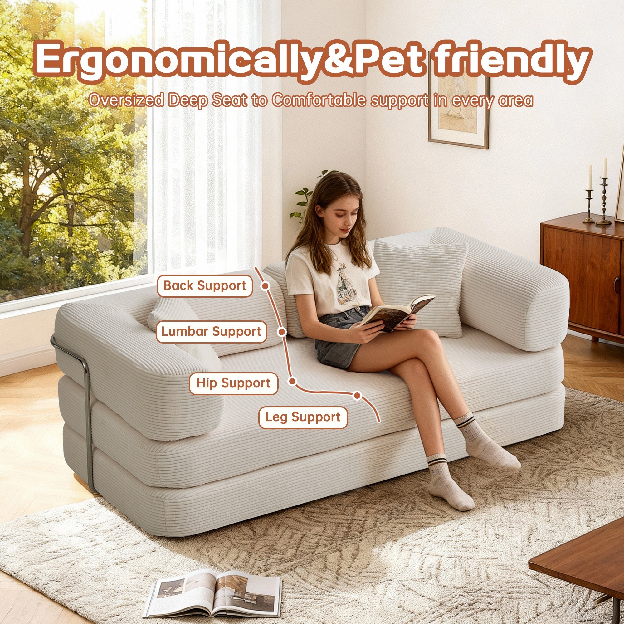 Sofa Floor Low Profile 5-in-1 Corduroy Cream Sleeper with Blanket 74.8 In
