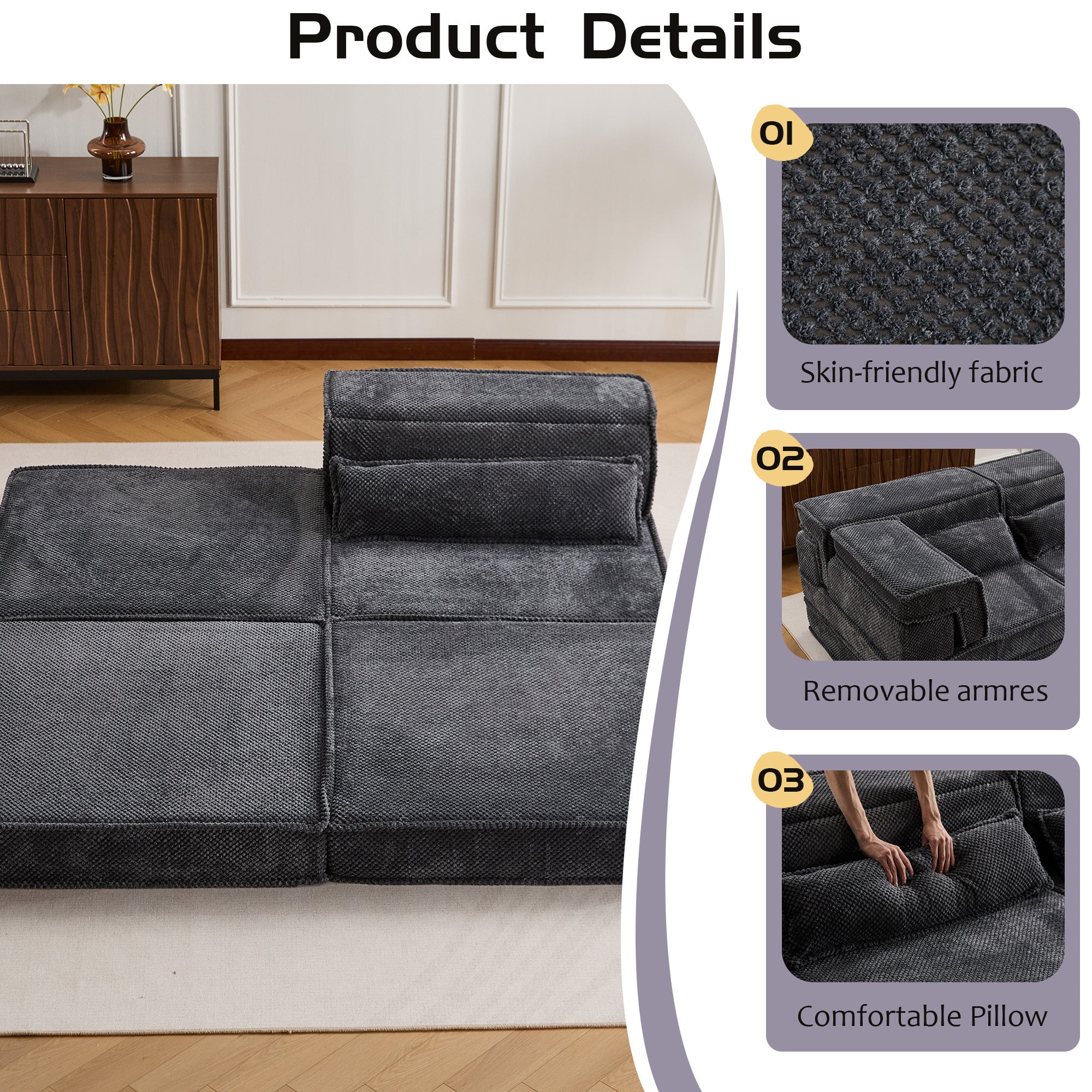 Sofa Convertible Modular Circle Fleece Dark Gray 1 Seat 79 In Ottoman