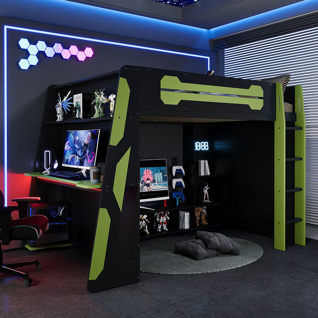 Full Size Wood Loft Bed with Desk, Multi-storage Shelves and RGB Light, Green